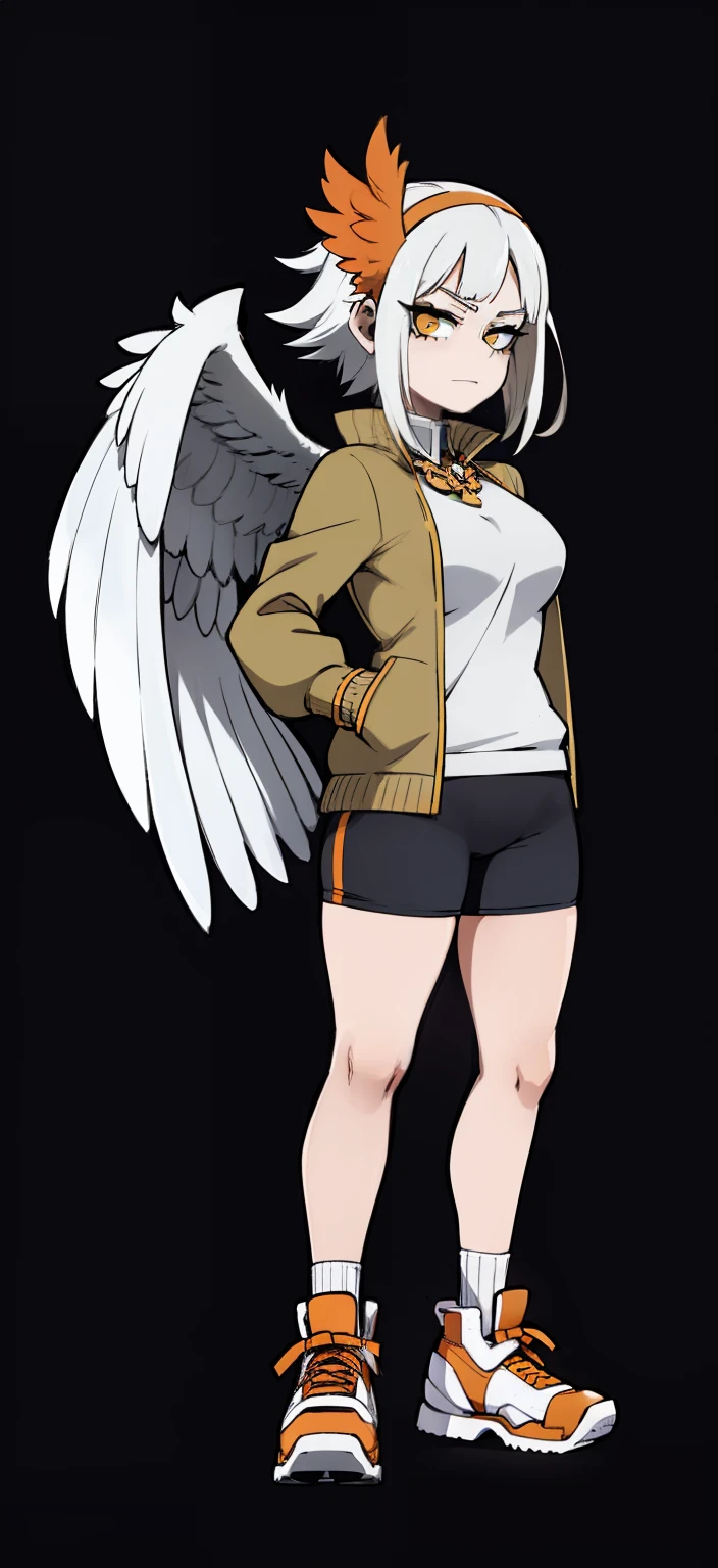 My Hero Academia Style, Anime Girl, Female, Trending on ArtStation Pixiv, (Full Body Shot: 0.5), Wide Hips, Wide Thighs, Large Breast, Pterodactyl Face, Short Hair, Ash White Hair, Yellow Eyes, Pterodactyl Snoot, pterodactyl crest, feathered wings on back, feathered wings, wings on back, white feathers, ash white plumage, Long-sleeved gray tunic with dark gray piping, long-sleeved gray tunic, gray tunic with piping, dark gray piping tunic, gray tunic, piping tunic, red boots, orange headband, orange headband, ribbon, gaze perky, smug, looking at viewer, super detailed, perfect anatomy,