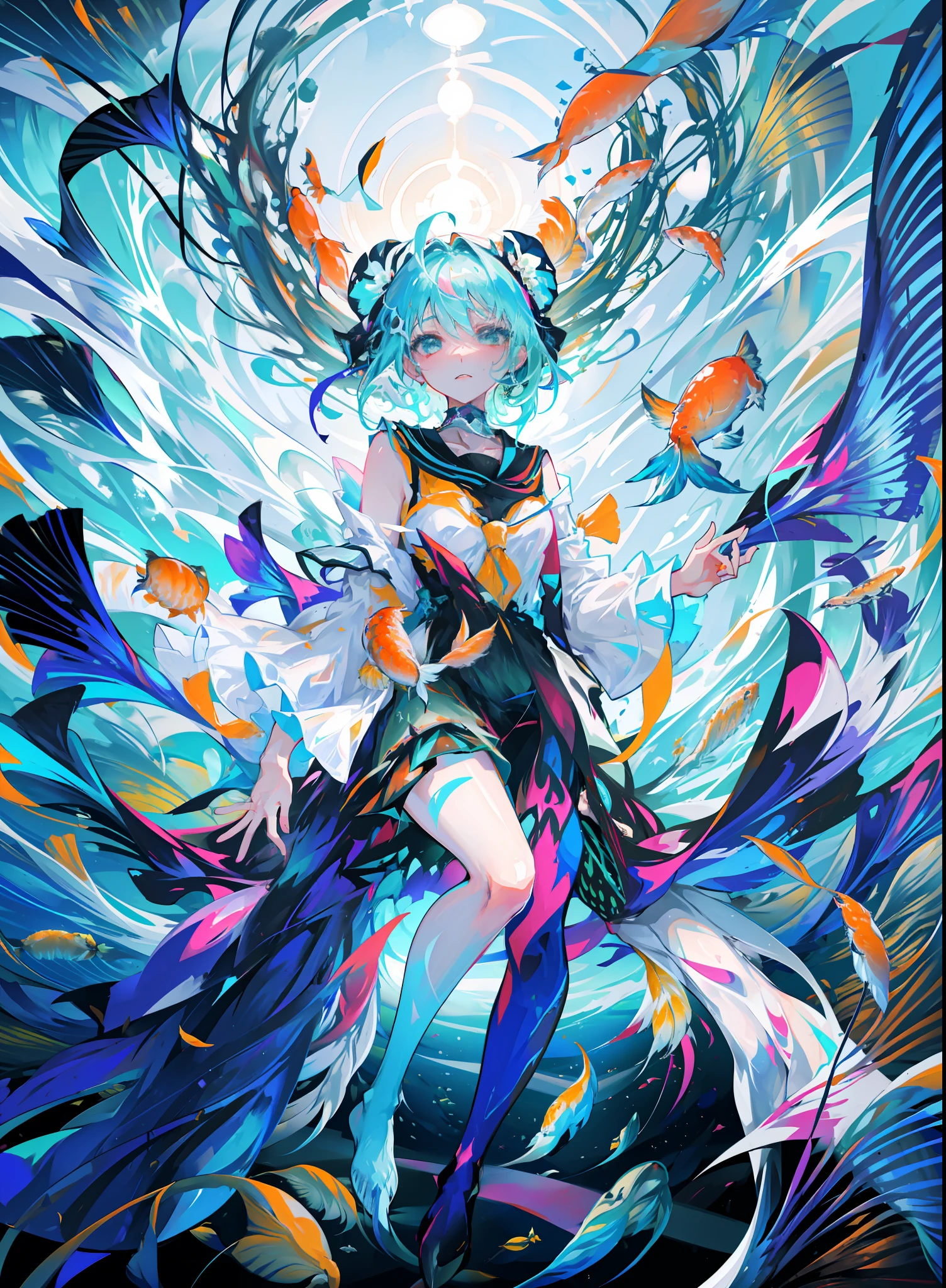 beautiful woman dancing underwater, ((Surrounded by schools of fish):1.6),dress spraying with colors, paint fanned out, paint splatter,wet, water, rim light, vibrant details, elegant, best quality, style-paintmagic,