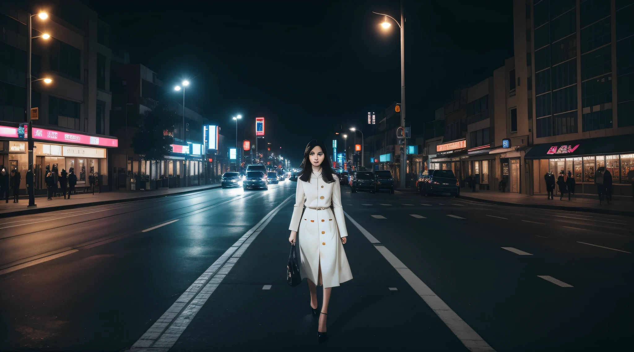 The camera slowly travels through the night of the futuristic city,The high-rise buildings are like a city of stars,Twinkle in the neon light。The picture is viewed from above,It presents a busy city scene。After that,The focus gradually became on a unique street lamp on the street。
The lens angle gradually decreases,Change from top-down to frontal。Under the light column of this street lamp,A mature woman stands alone。She wears a streamlined outfit,Neat and sophisticated,Exudes restrained elegance。The night breeze ruffled her long hair,It made her hair flutter gently。
Lighting is one of the focal points of this picture,Street lamps emit a soft white glow,It's like a glimmer of light。The woman under the street lamp is illuminated,A strong contrast with the surrounding night。The pillar of light outlined her figure clearly,People can't help but notice her demeanor and expression。