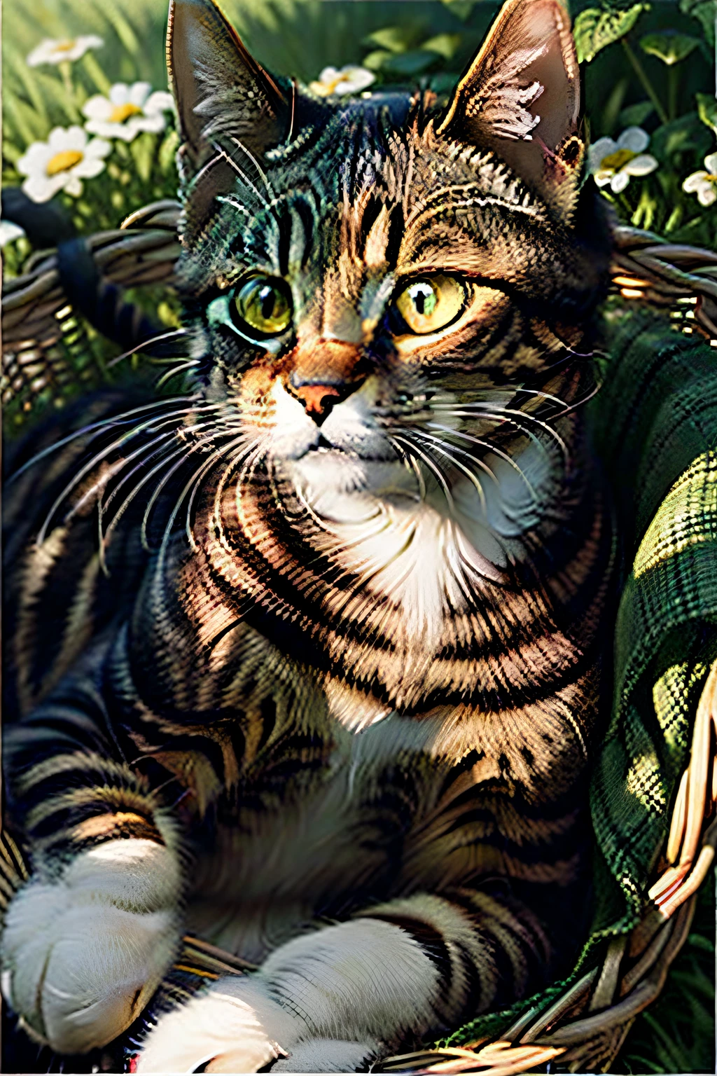 Create a captivating painting of a Tabby cat with green-yellow eyes, lying in a comfortable box with its head playfully poking out. The cat should have a lazy and content expression, capturing its relaxed demeanor. Set the scene in a sunny garden with dappled sunlight filtering through the leaves. Highlight the interplay of light and shadow on the cat's fur and surroundings, infusing the scene with warmth and tranquility. The vibrant colors of the flowers and foliage should complement the cat's coat. Pay attention to intricate details such as the texture of the fur and the curious glint in the cat's eyes. The overall composition should evoke a sense of leisure and serenity, celebrating the simple joy of a cat enjoying a sun-soaked day in the garden