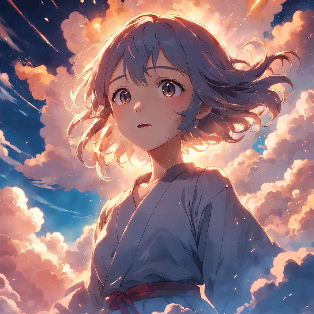 masterpiece, best quality, movie still, 1girl, cloud girl, floating in the sky, close-up, bright, happy, warm soft lighting, sunset, (sparks:0.7)