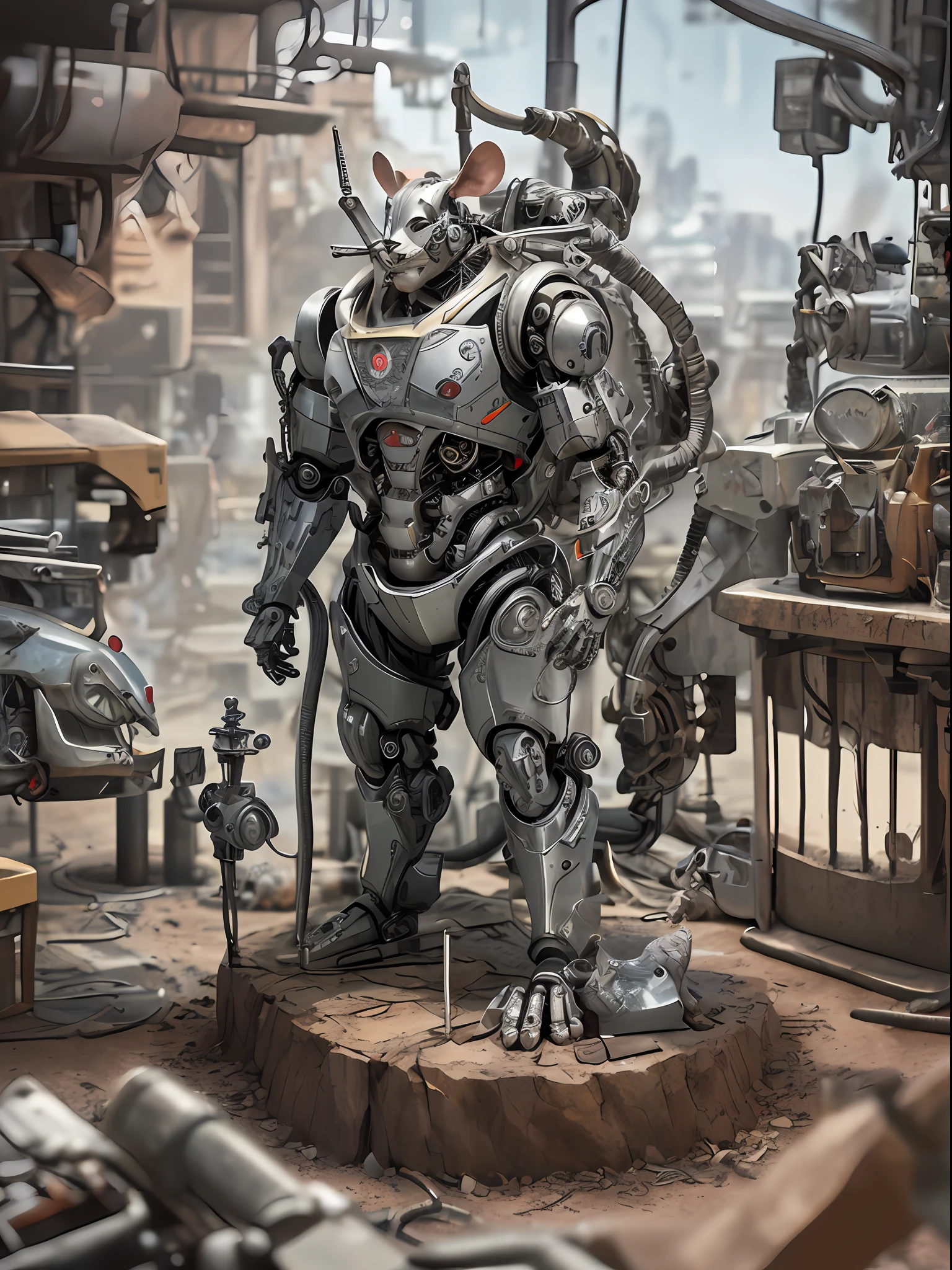 A handsome mouse made of metal，(cyborg:1.1)，([tail | detailed wire]:1.3)，(Complicated details)，hdr，(Complicated details，hyperdetailed:1.2)，Cinema lenses，Vignette，at centre