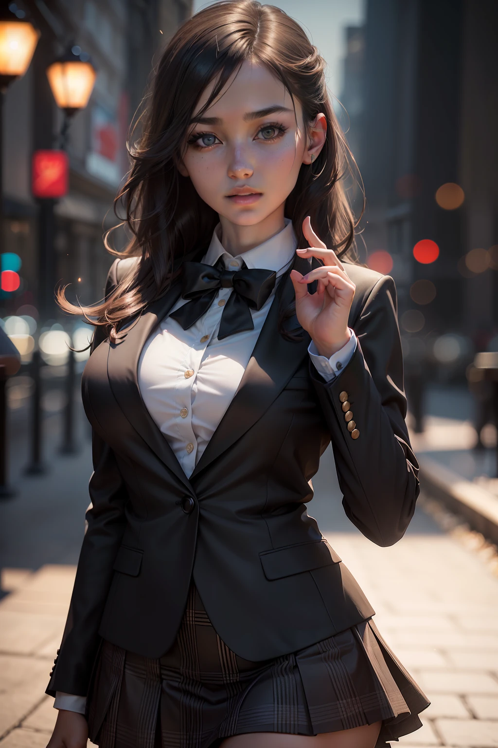 best quality, masterpiece, 1girl, Beautiful face, (photo realistic:1.3), rim lighting, (high detailed skin:1.2), 8k uhd, dslr, high quality, high resolution, 4k, 8k, Bokeh, absurdres, best ratio four finger and one thumb, (realistic:1.3), cute 1girl, wearing black formal blazer, medium breasts, short skirt,