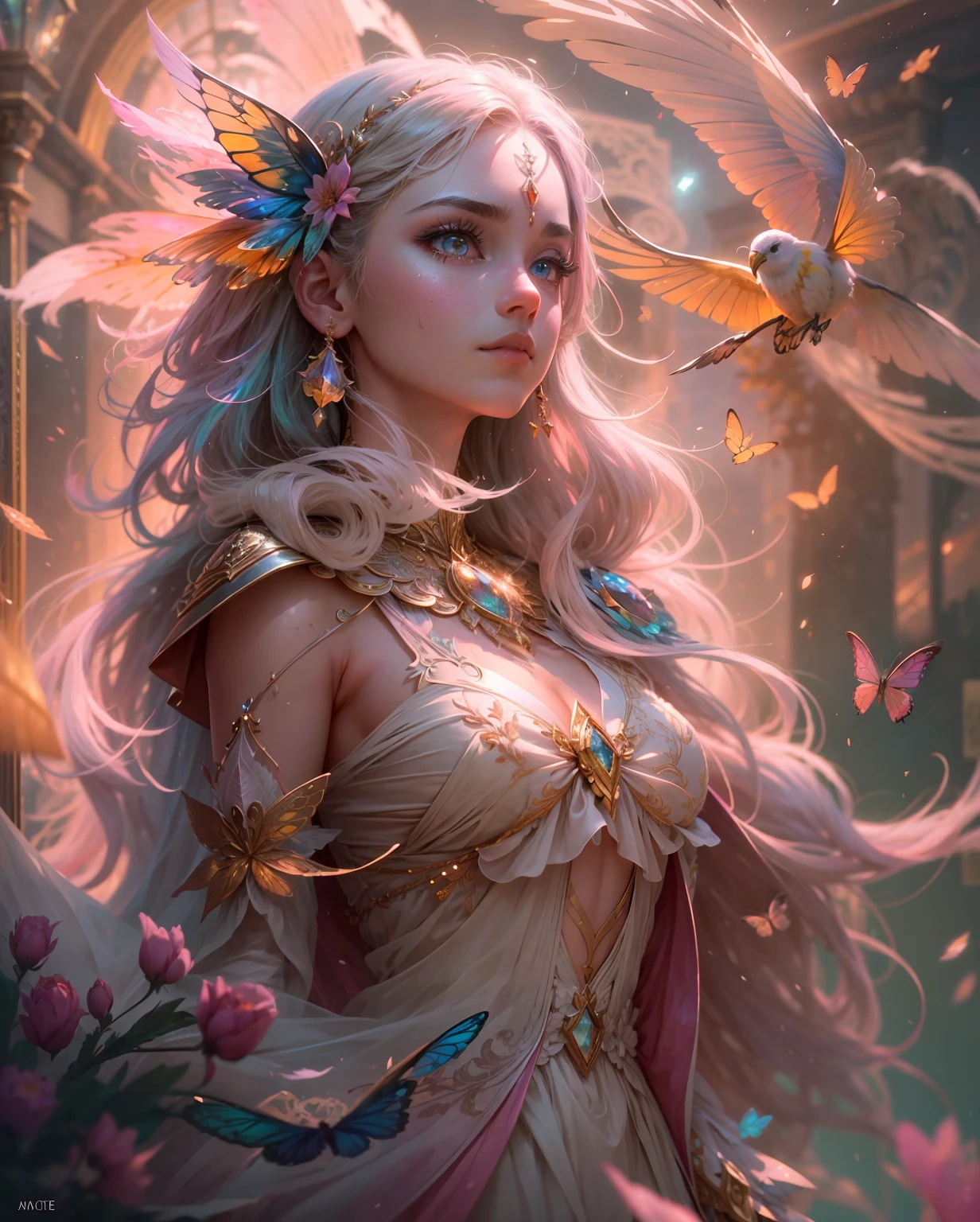 (((masterpiece))), (((best quality))), ((ultra-detailed)),(highly detailed CG illustration), ((an extremely delicate and beautiful)),cinematic light, Create a stunning fantasy artwork that mimics the style of currently trending masters of the genre. The art piece should contain elements of both mythic fantasy and fairytale fantasy with colorful accents. ((Utilize various shades of pink and watercolor pastels as the main color scheme.)) The character in the artwork is a delicate but strong petite figure with an aura of mystery and magic. Pay close attention to intricate facial features, such as mesmerizing eyes with vibrant colors and bold shading. The character's clothing should be designed with gossamer feathers, silk, stunning embroidery, and subtle iridescent details. Incorporate dreamy colors, dynamic lighting, and detailed background elements to create a sense of awe and immersion. Include colorful flying magical birds and jewel-toned butterflies radiating a magical aura. Consider the latest trends in fantasy art, such as incorporating unique lighting effects, exploring dynamic and compelling composition techniques, and experimenting with unique color palettes. Take inspiration from the top artists on ArtStation and Midjourney. Camera: Choose an angle that highlights the character's beauty and enhances the magical majesty of the artwork. Lighting: Utilize atmospheric lighting techniques to create depth and mood. Resolution: Aim for a high-resolution artwork to showcase intricate details and clarity. Art Inspirations: Seek inspiration from the trending artists on ArtStation, exploring different styles, genres, and themes.