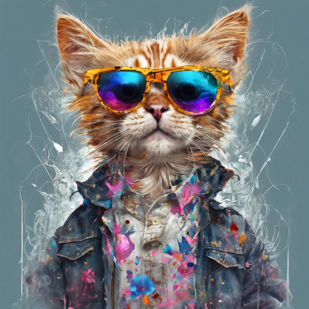 Perfect centering, Cute cat, Wearing a jacket，crystal vases，Rose flower, Wearing sunglasses, cheerfulness, Standing position, Abstract beauty, Centered, Looking at the camera, Facing the camera, nearing perfection, Dynamic, Highly detailed, smooth, Sharp focus, 8K, high definition resolution, illustration, Art by Carne Griffiths and Wadim Kashin, White background