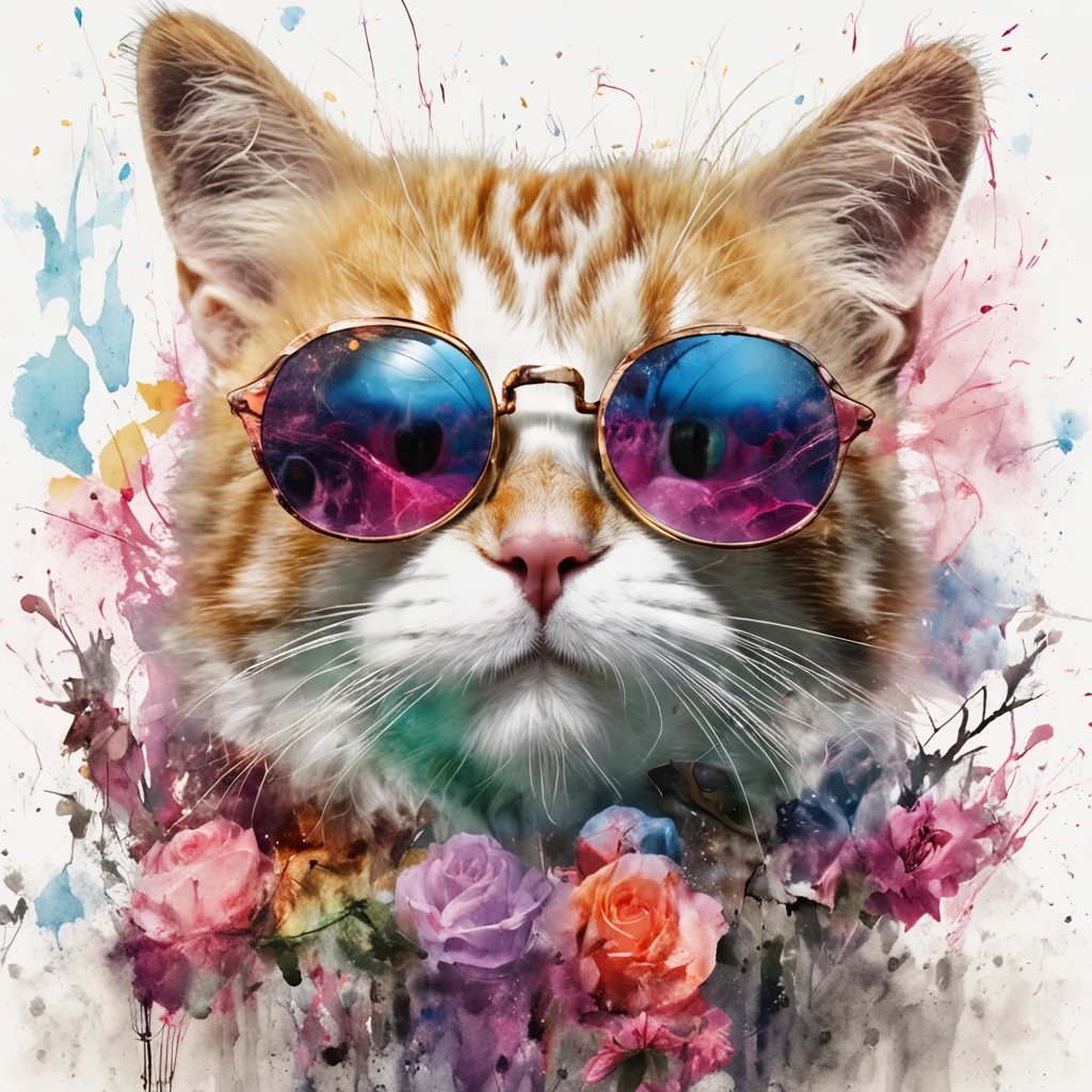 Perfect centering, Cute cat, Wearing a jacket,crystal vases,Rose flower, Wearing sunglasses, cheerfulness, Standing position, Abstract beauty, Centered, Looking at the camera, Facing the camera, nearing perfection, Dynamic, Highly detailed, smooth, Sharp focus, 8K, high definition resolution, illustration, Art by Carne Griffiths and Wadim Kashin, White background