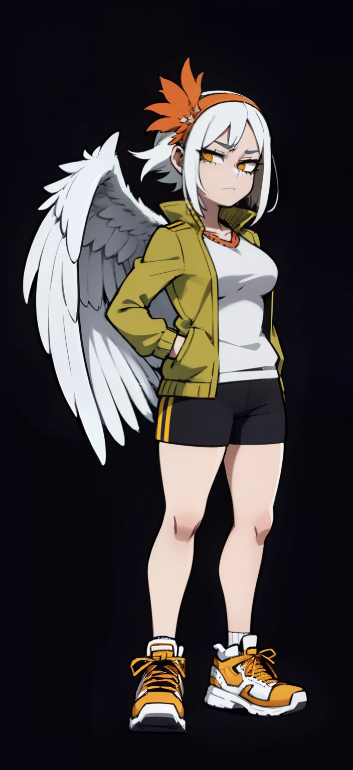 My Hero Academia Style, Anime Girl, Female, Trending on ArtStation Pixiv, (Full Body Shot: 0.5), Wide Hips, Wide Thighs, Large Breast, Pterodactyl Face, Short Hair, Ash White Hair, Yellow Eyes, Pterodactyl Snoot, pterodactyl crest, feathered wings on back, feathered wings, wings on back, white feathers, ash white plumage, green long-sleeved jacket, white shirt, black shorts, red sneakers, orange headband, orange headband, ribbon, gaze perky, smug, looking at viewer, super detailed, perfect anatomy,