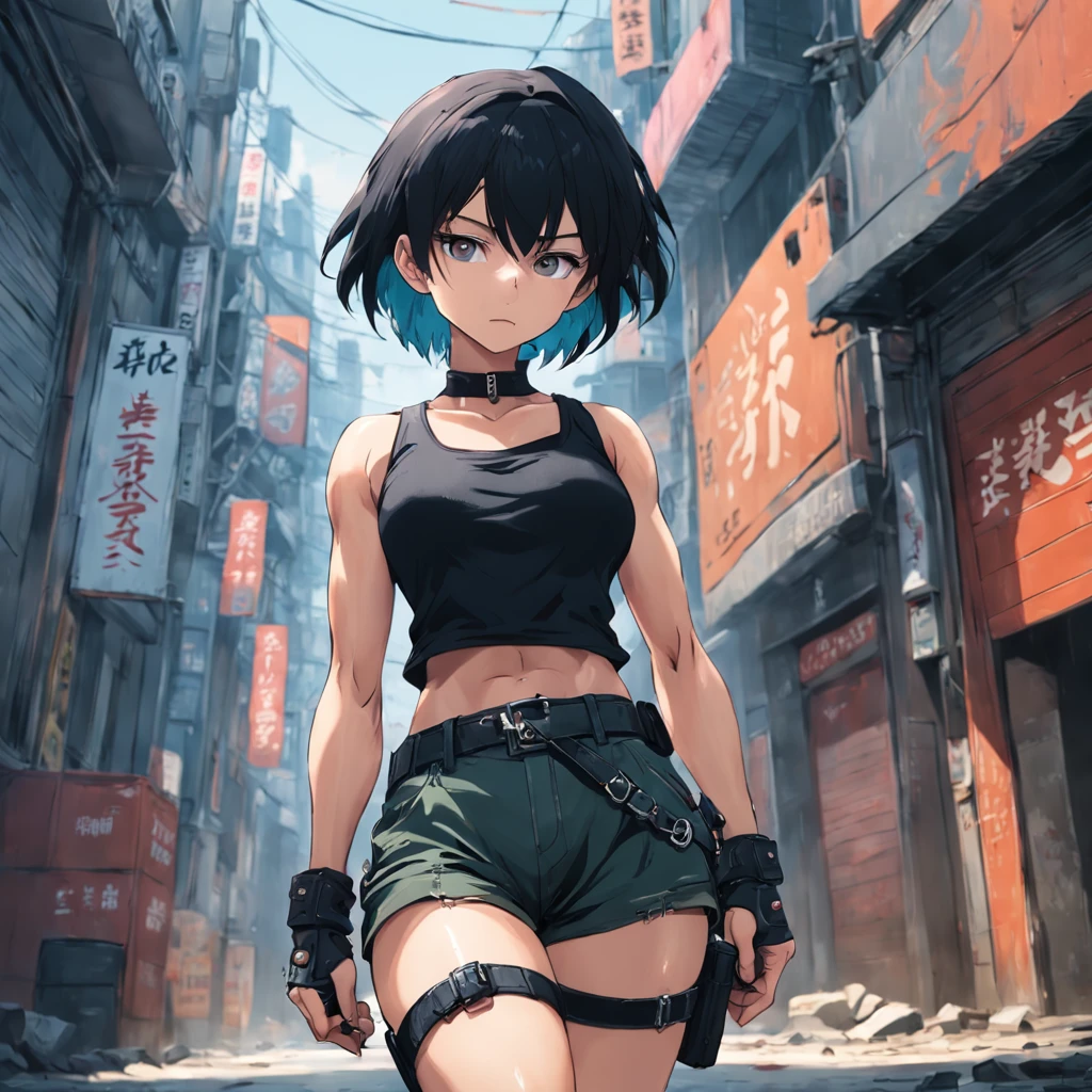 masterpiece、top-quality、(Photorealsitic:1.4)、(One lady、Solo Shot:2)、(extra very short hair:1.9)、(Camouflage shorts、Black tank top:1.4)、(Thigh mounted holster:1.4)、Black boots、(a choker、beret:1.2)、a cold expression、Very dark back alley、(Martial arts genius、The Strongest Warrior:1.4)、(well-muscled:1.4)