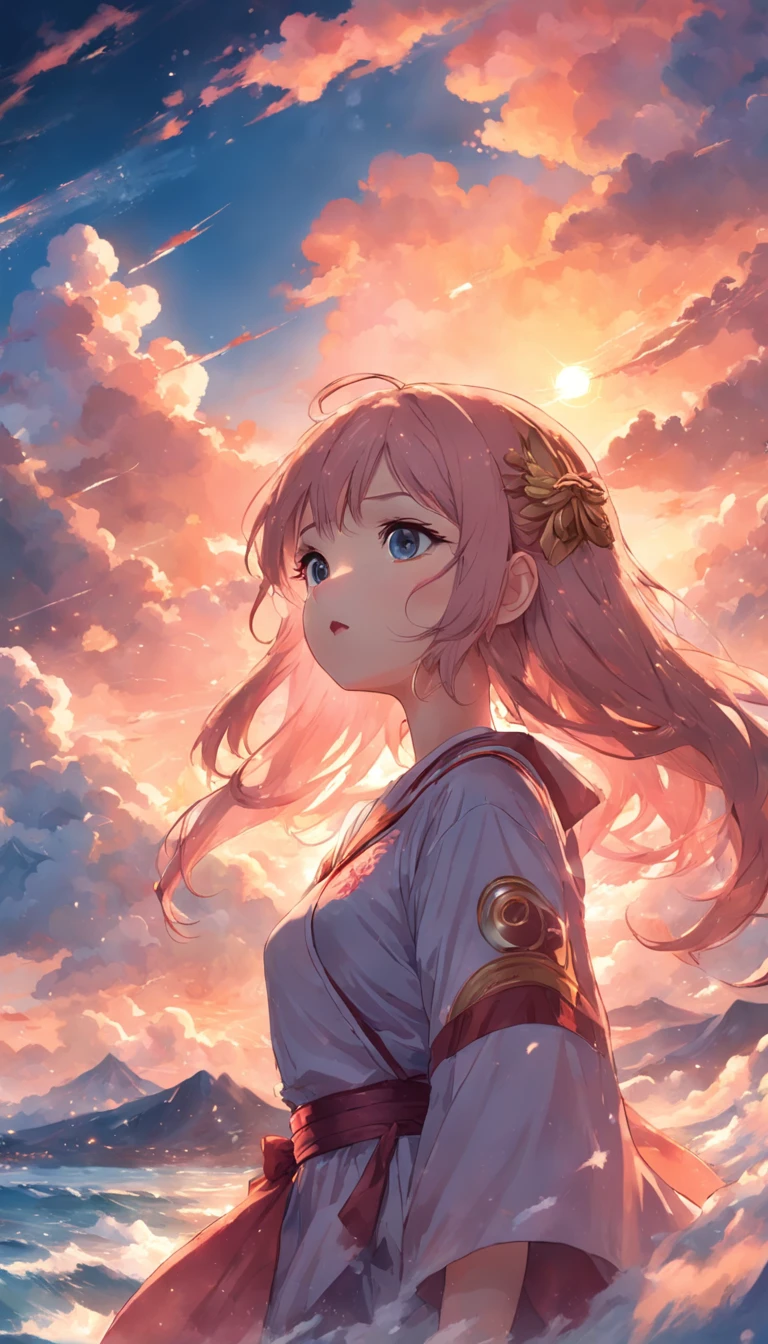 tmasterpiece,best qualtiy,cinematic Film still from,1girll,Colorful auspicious clouds,Kizi,Floating in the sky,closeup cleavage,brightly,cheerfulness,Warm and soft lighting,the sunset,(spark of light:0.7)