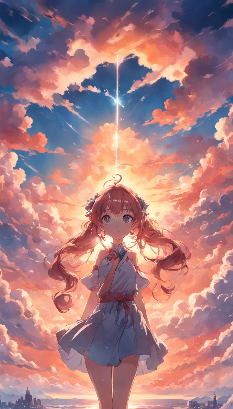 tmasterpiece,best qualtiy,cinematic Film still from,1girll,Colorful auspicious clouds,Kizi,Floating in the sky,closeup cleavage,brightly,cheerfulness,Warm and soft lighting,the sunset,(spark of light:0.7)