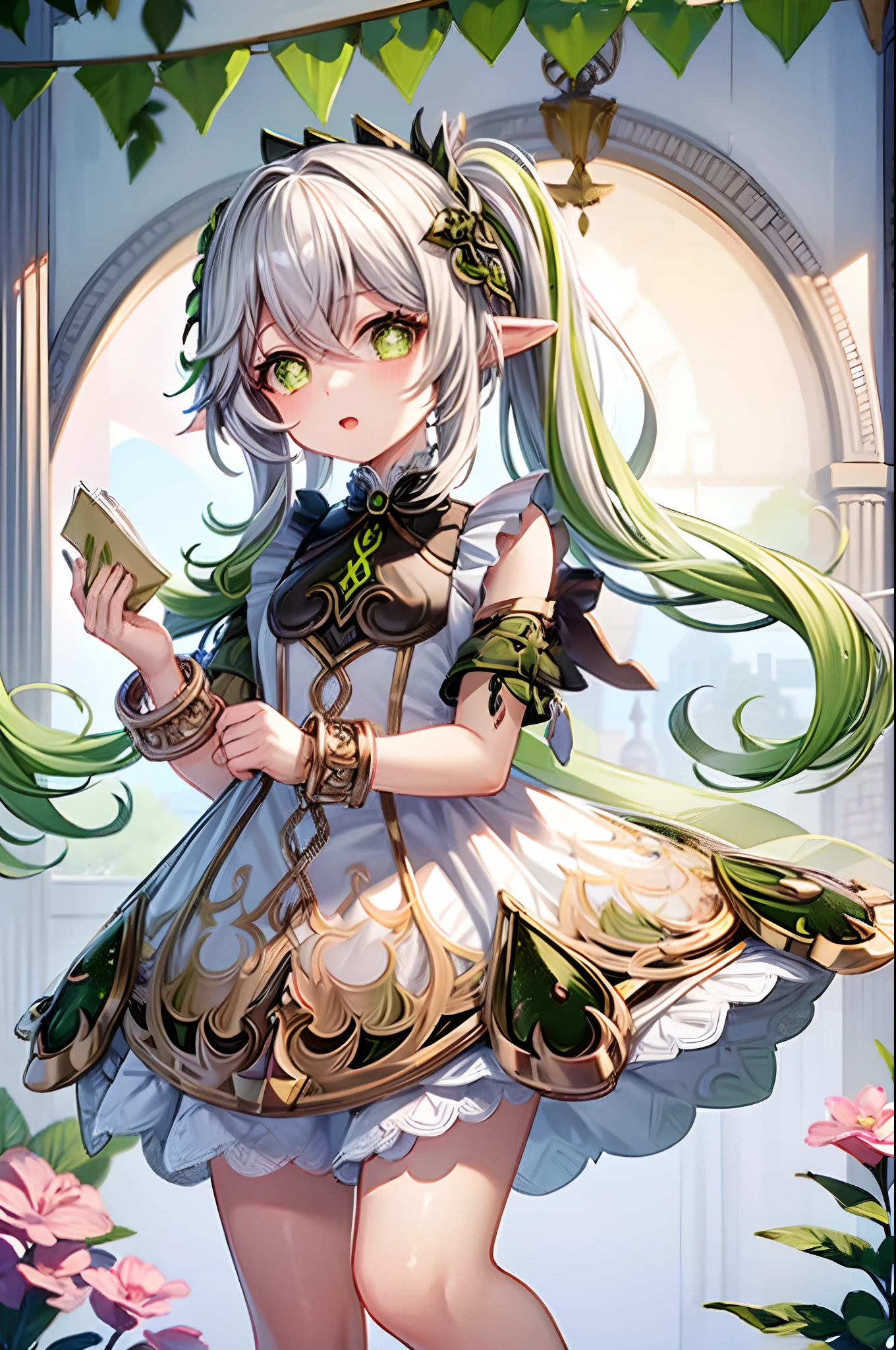 masterpiece, best quality, 1girl, solo, nahida_genshin, cross-shaped pupils, maid outfit, green cape, standing