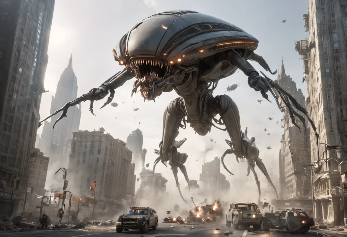 "Alien Invasion: A thrilling and immersive sci-fi masterpiece with the highest quality visuals, intense action sequences, and stunning special effects. Capture the incredible chaos and destruction as alien spacecrafts invade a metropolitan city, showcasing futuristic architecture, advanced technology, and epic battles. The atmosphere should be intense and filled with tension, with dynamic camera angles, dramatic lighting, and realistic alien designs. The attention to detail should be impeccable, highlighting the intricate alien spacecrafts, powerful lasers, and devastated cityscape. Deliver an unforgettable portrayal of the human resistance fighting against the extraterrestrial threat.