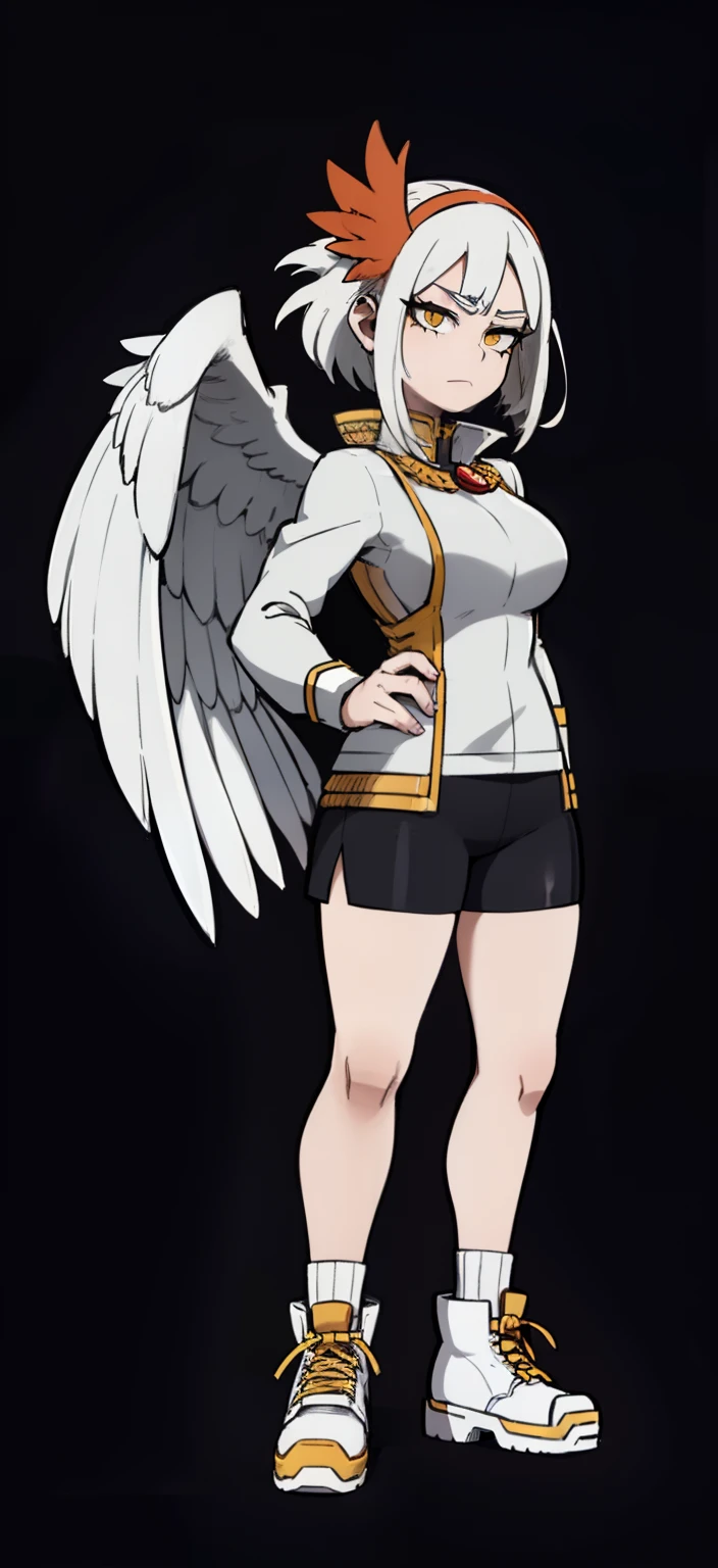 My Hero Academia Style, Anime Girl, Female, Trending on ArtStation Pixiv, (Full Body Shot: 0.5), Wide Hips, Wide Thighs, Large Breast, Pterodactyl Face, Short Hair, Ash White Hair, Yellow Eyes, Pterodactyl Snoot, pterodactyl crest, feathered wings on back, feathered wings, wings on back, white feathers, ash white plumage, Long-sleeved gray tunic with dark gray piping, long-sleeved gray tunic, gray tunic with piping, dark gray piping tunic, gray tunic, piping tunic, red boots, orange headband, orange headband, ribbon, gaze perky, smug, looking at viewer, super detailed, perfect anatomy,
