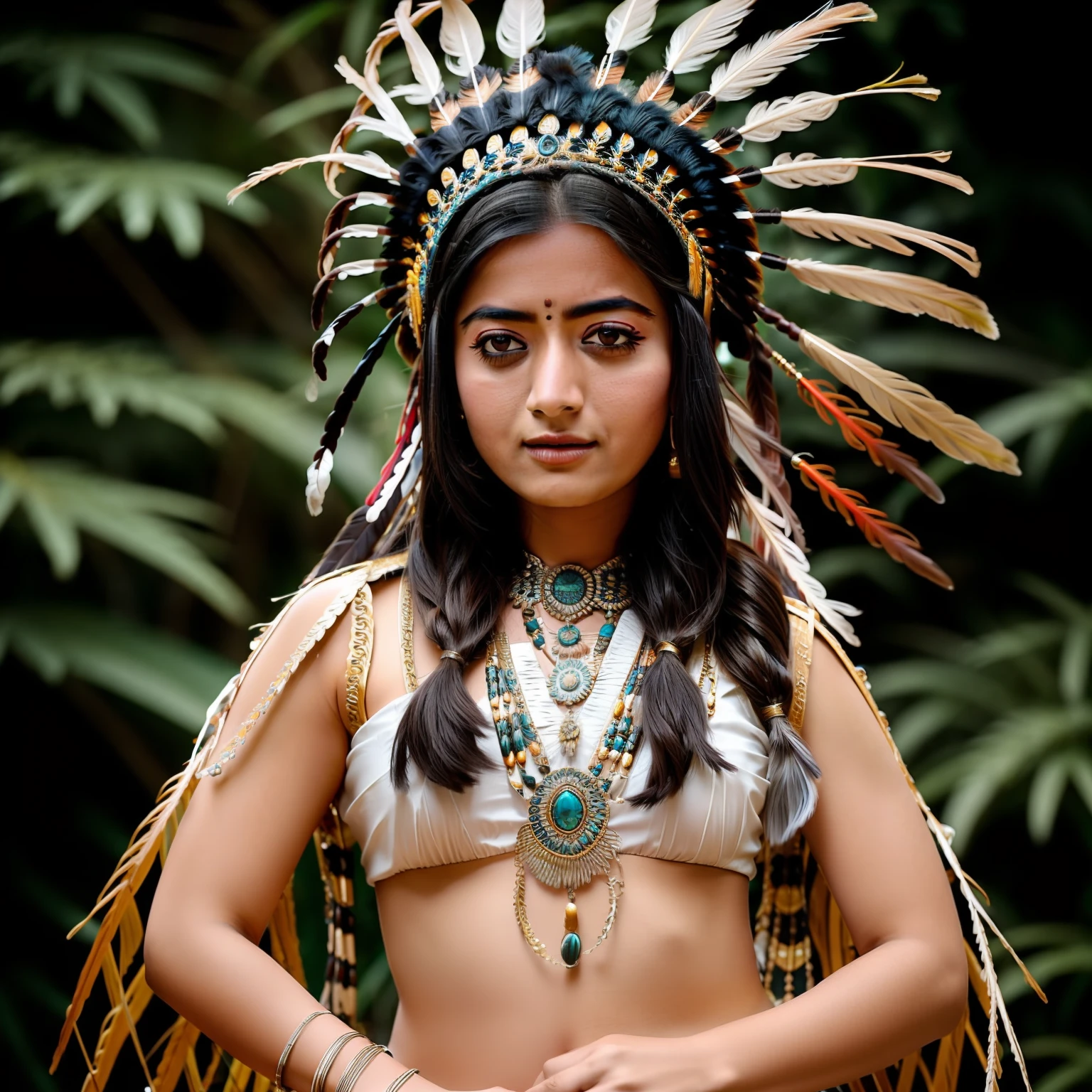 Foto RAW, looks like Anushka Shetty with realistic Indian headdress , tribal girl, stunning looks, tribal headdress, tattoos, colourful tribal tattoos, tribal white girl, Polynesian tribe, best quality , best cinematic colour grading, detailed lighting, high resolution , (pele altamente detalhada: 1.2), 8k UHD, DSLR, soft-lighting, alta qualidade, grain of film, Fujifilm XT3