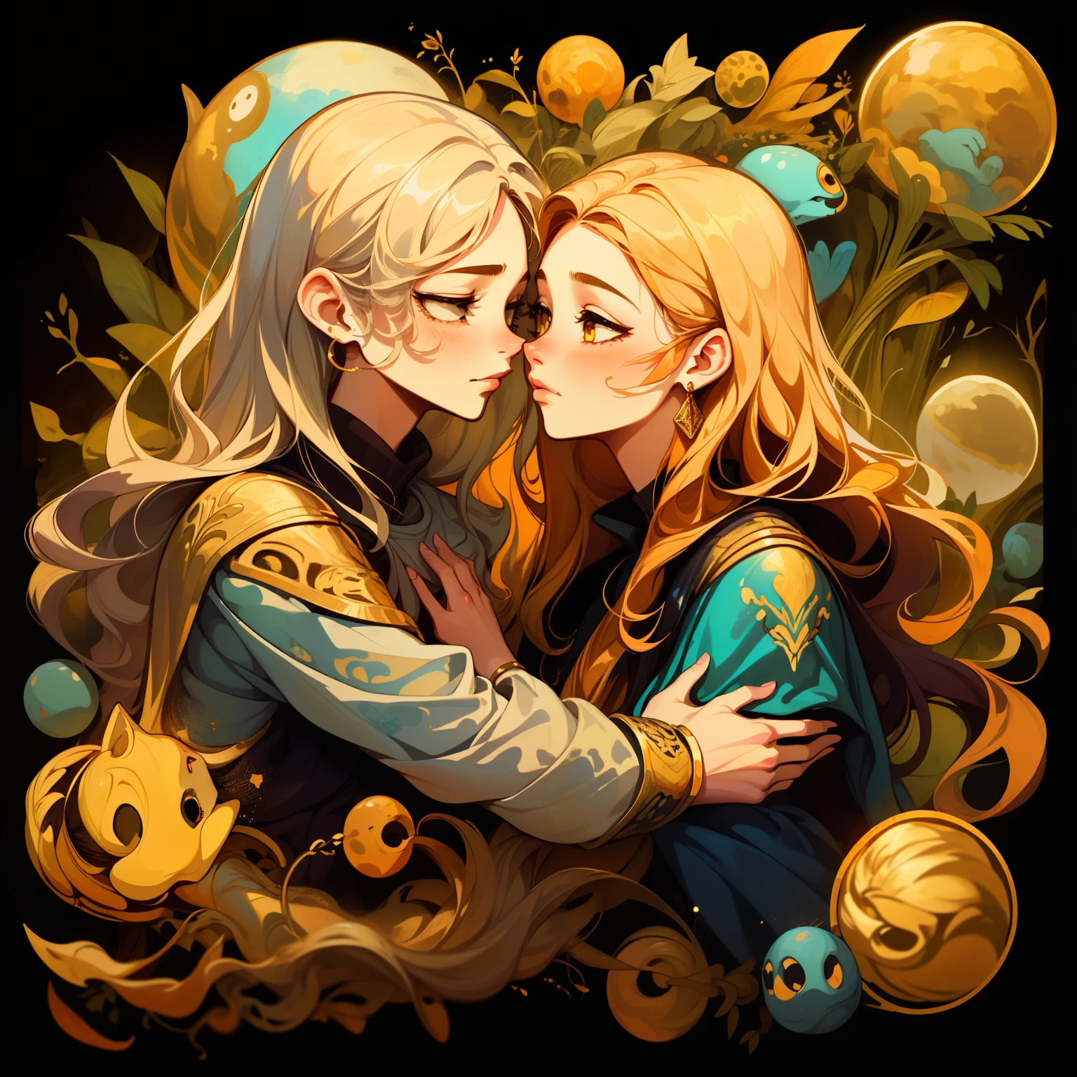 adesivo, fundo simples, portrait, 2 girls, couple, kissing, girl with long hair, beautiful leo girl, leo aesthetic, beautiful girl, very beautiful fantasy art, beautiful and elegant female leo, beautiful detailed fantasy, gold and m orange color palate, gold color-theme