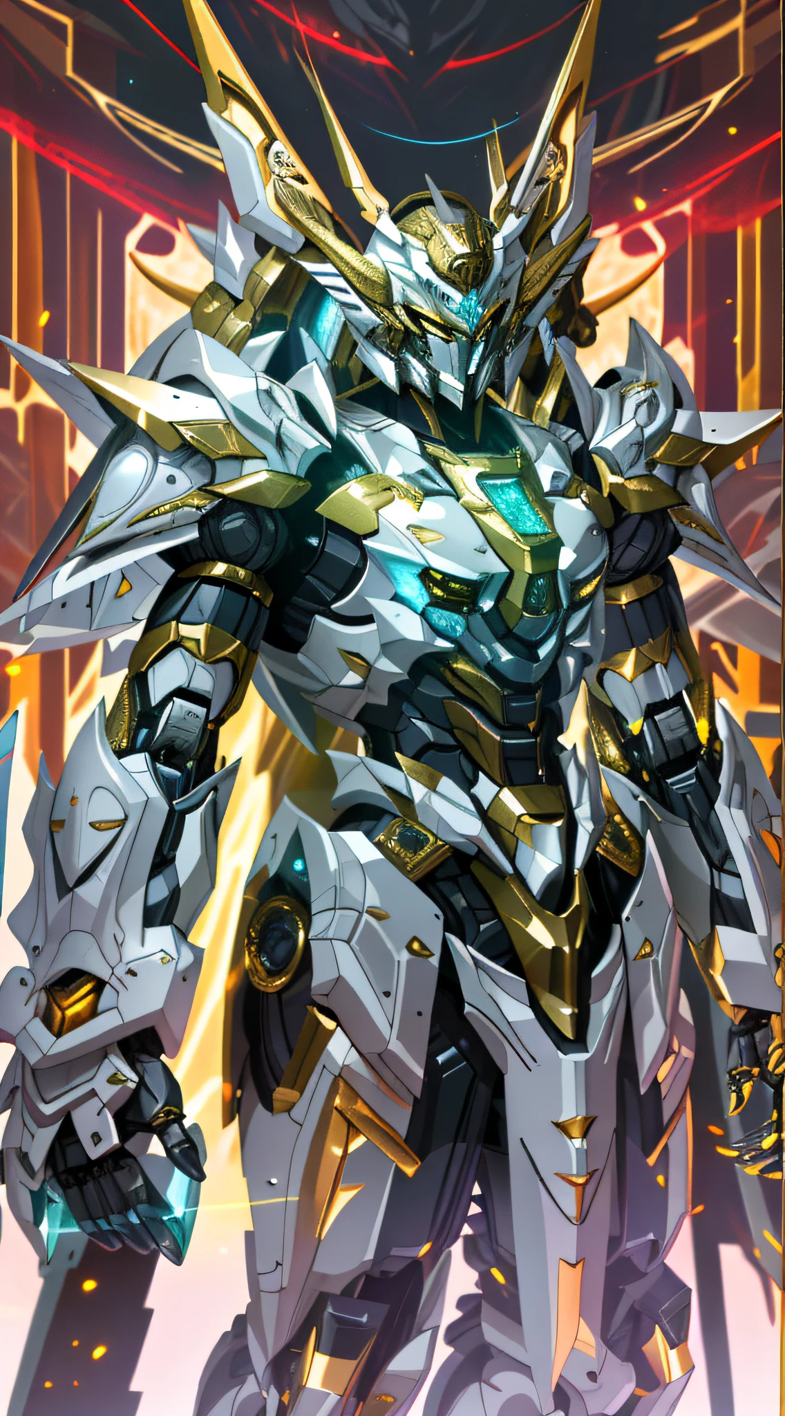 realisticlying,Detail portrayal,8K分辨率,Close-up of mech with a futuristic look, intricate glowing mecha armor, gold paladin, intricate mecha armor, intricate assasin mecha armor, sliver ice color reflected armor, white metal neocubism armor, cool mecha style, Mecha armor, anime mech armor, greek god in mecha style, alexandre ferra white mecha