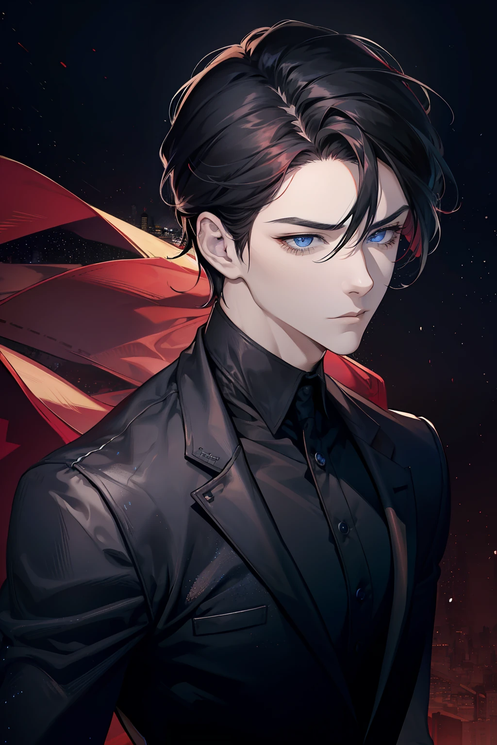 1 male, adult, handsome, muscular guy, broad shoulders, red wine eyes, black hair, solo, modern city night background, blonde hair, blue eyes, black shirt, cold