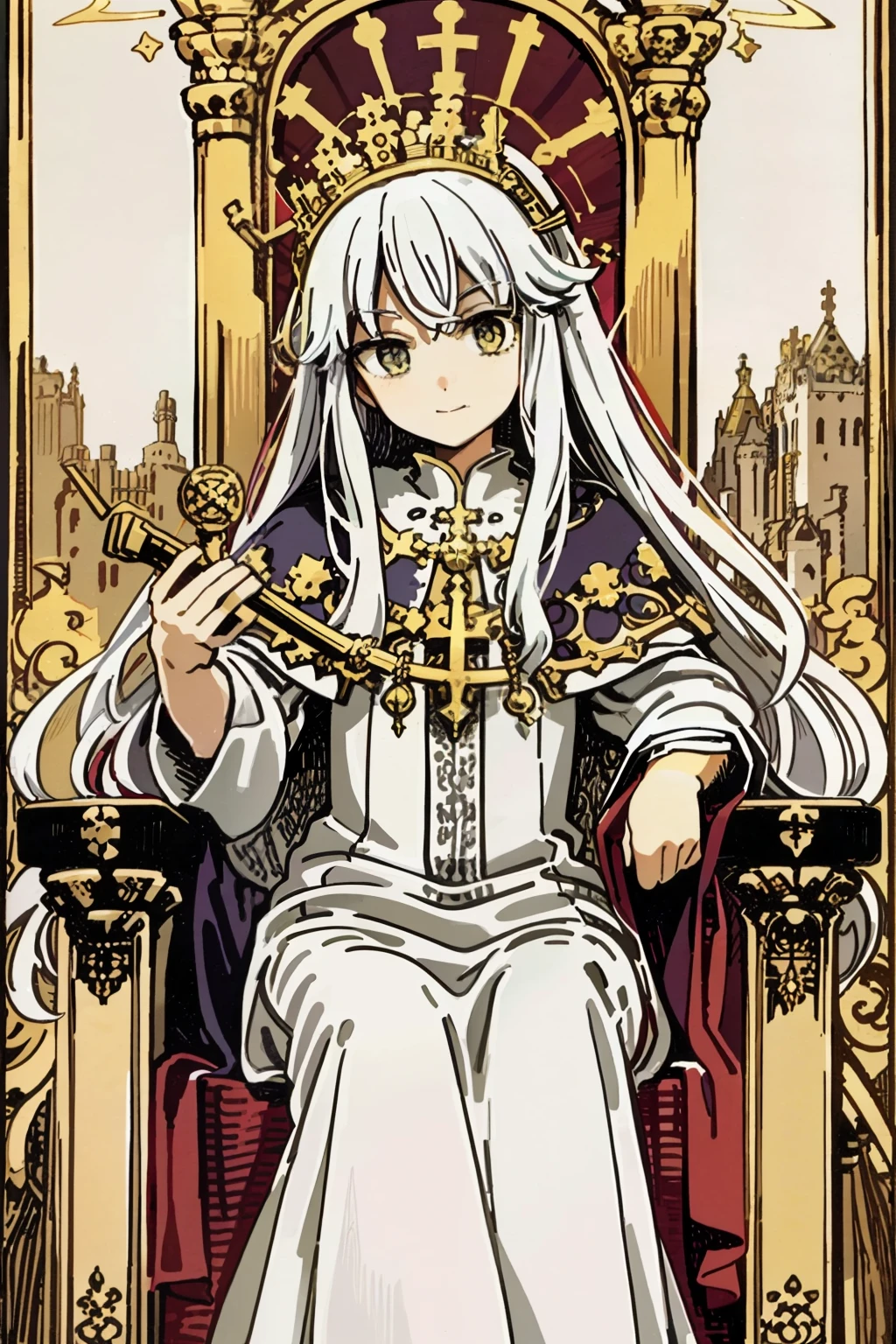 tarot cards,Pope Full Body,on a scepter,Sit on the throne,((robe with an intricate pattern)),(1 girl),(solo),(cute anime face),golden eyes,white hair,Long hair, smile,halo,(sit on the low throne),in magnificent castle,