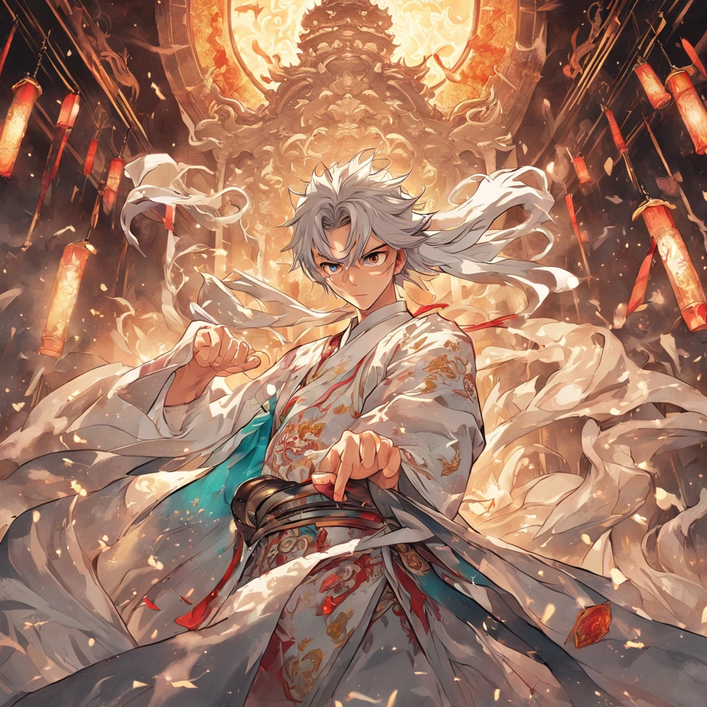 14 year old boy, Good people, Albino with white skin, short gray hair, white hair covering ears, giant elf ears, pointy, furry ears, purple eyes, light firepower, solar calendar, fever, material manipulation, no anger, golden clothes, fully clothed, Wear a shirt, No muscles