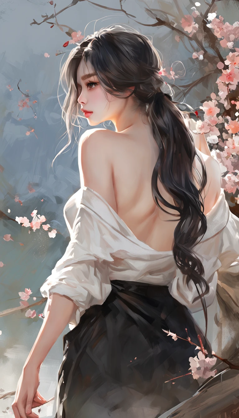 ((Looking back)), ((full bodyesbian)), ((Realistic)), ((From behind, From below)), (((off-the-shoulder clothes))), Beautiful young girl, Beautiful Korean model, Nice face, shyexpression, Long black hair，huge tit，Reveal curly hair, 耳Nipple Ring, By bangs, （(slender leg)）, (cold light, the night, starrysky), （(In nice room)), (((White sweater, Short black skirt, There are broken flowers on the skirt)), Detailed scenes, the detail，Hyper-detailed, ((correct hand)), (anatomy correct), (best qualtiy，tmasterpiece)