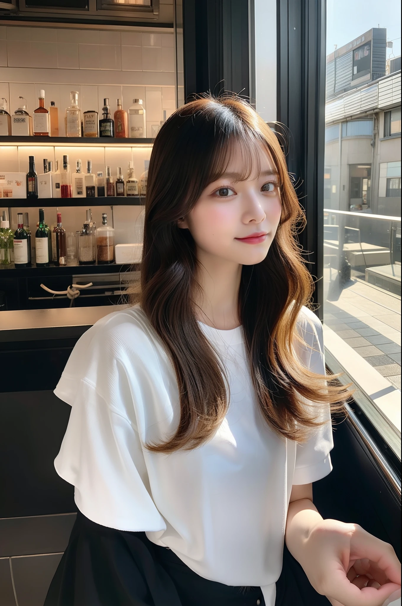 1girl in、in 8K、Raw photography、top-quality、​masterpiece、realisitic、Photorealsitic、1girl in、Daytown、Pulling photo、de pele branca、Inside the  shop、warm light、Longhaire、a bar counter、Sheer sunlight、The city of Tokyo、pretty skin