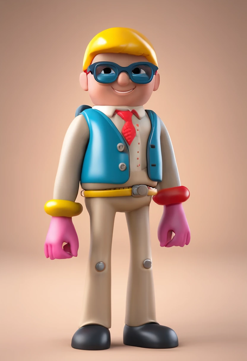 Crie um mascote semelhante ao playmobil , personagem infantil , 8k, Modelo 3D, O corpo como forma de um brinquedo , com boca, 2 olhos e sem nariz, with legs and arms, de corpo inteiro. The character is cute and charismatic, o personagem tem cores vivas e coloridas. fotorrealista, super alta qualidade, Super Detalhe, ultra-accurate description of hands, roupas detalhadas, utensilios bem detalhados, master part, 8k, HDR