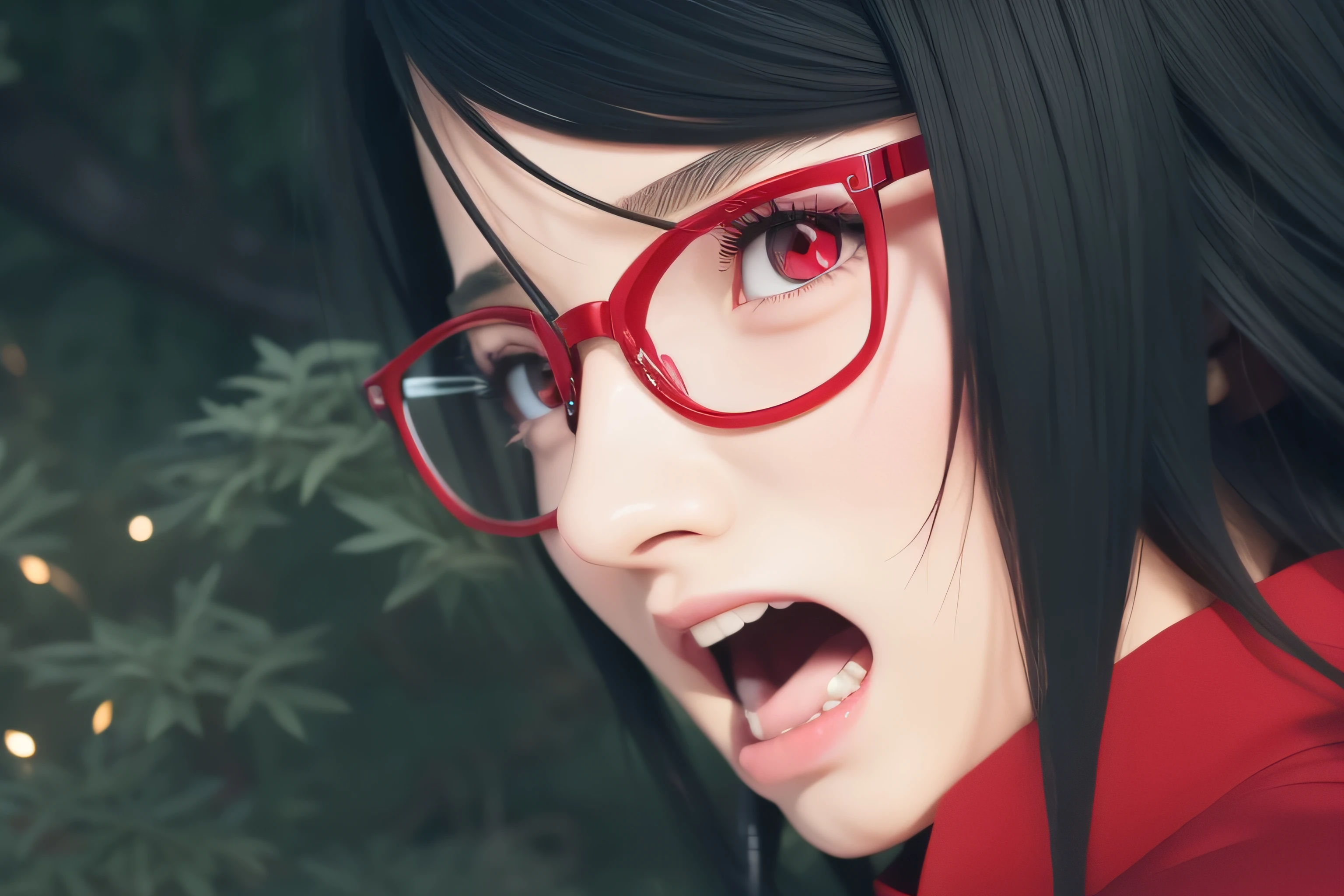 sarada uchiha, red eye, red glasses, red shirt, crying, black hair