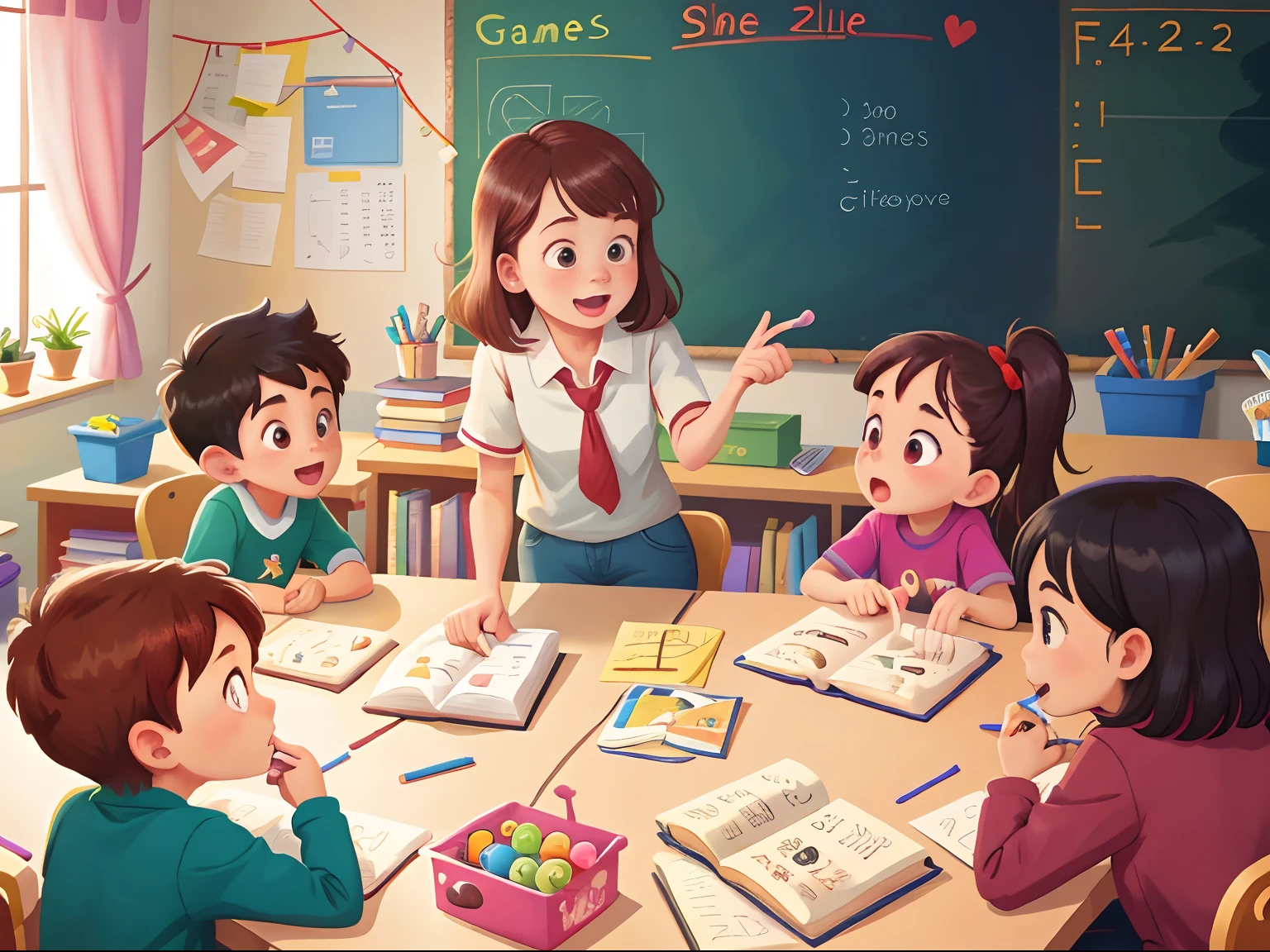 A teacher,3 students,Students aged 2-6,Play games together in the room,No tables and chairs,KIDS ILLUSTRATION,Pubic area is clear,Fingers correct