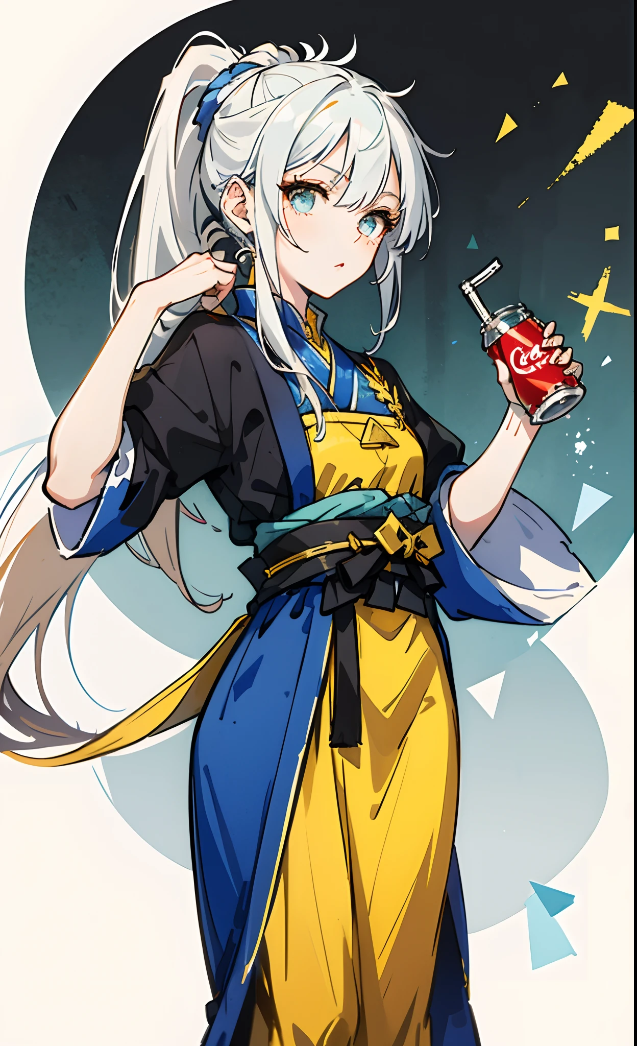 quadratic element,Blue-white hair,Qi bangs,The loose hair is a ponytail,There is a yellow talisman paper on the top of the head,Squint and drink Coke