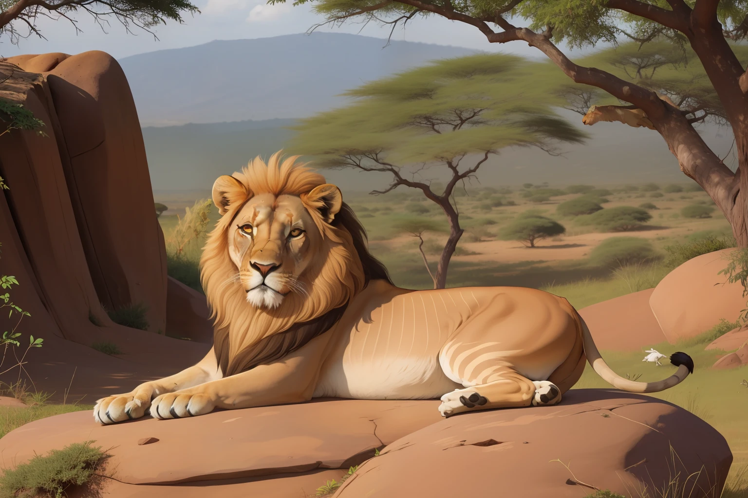 Date: 1912
Location: Kenya
Description: A majestic lion lounges atop a sun-kissed rock in the vast Kenyan savanna, its golden mane glowing in the warm African sunlight.