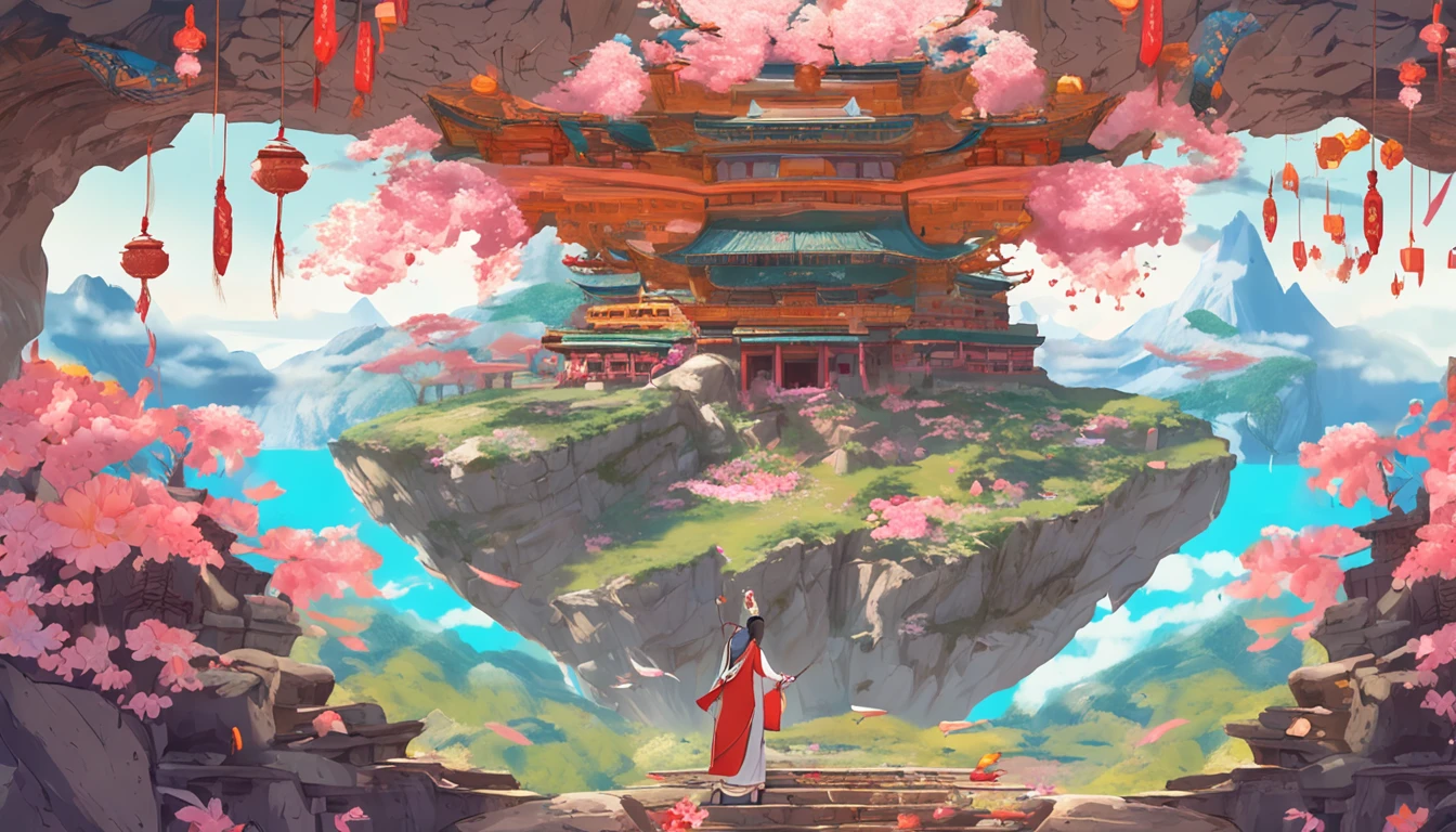 Ghibli style, The beautiful roof of the sky cave is draped under the painting flying for a week，Some bouquets，Some music，Offering to the Buddha。Two flying bodies on the north side of the eastern slope，The image posture is perfect。Both in one bun，Put on a crown of beads，Shirtless，necklace，Armory，Face plump，Eyebrows are beautiful。Holding a flower plate in one hand，Crested head in one hand，Glyphs blooming on the fence wall of the Heavenly Palace，Fly against the wind，The dress flutters，Long ribbons fly，Fly on the body，Flowers fall，Fly under the sky，Colorful clouds swirl，The momentum of the Tang Dynasty's flying sky，But its flight dynamics are also vivid，Empty mountains and rivers 4k wallpaper.sunny ambiance."