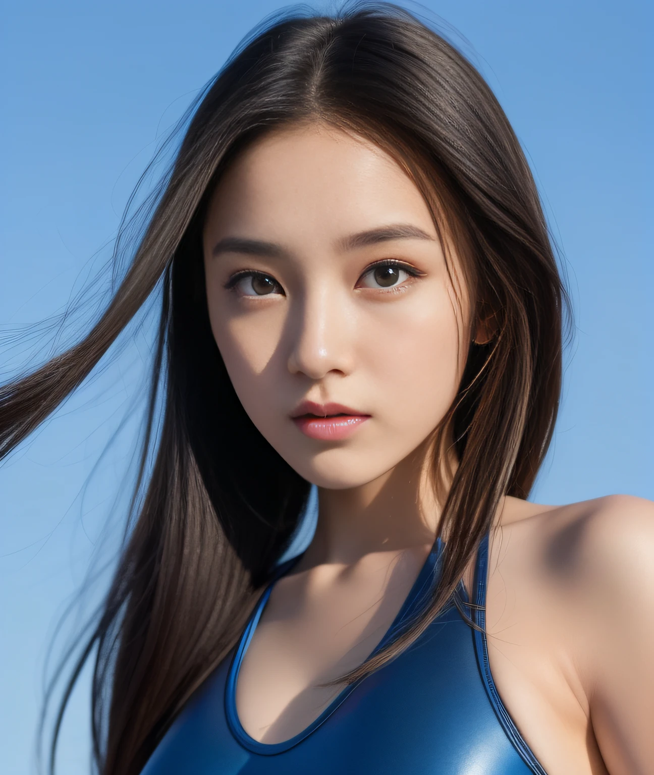 detailed and realistic portrait of a girl with a clean face), (Round eyes and long golden hair sticking out),staring at camera,magical photography, with dramatic lighting, photo realism, Ultra-detailed, intimate portrait composition, (centered image composition),(close up shot:1.6),Best Quality,f/1. 8, 85mm, (18-year-old European female), black_heads,(black_eyes:1.2),(bangss),makeups, swim wears (hazy blue_sky_Background with), ((full body shooting)), (swim wears )