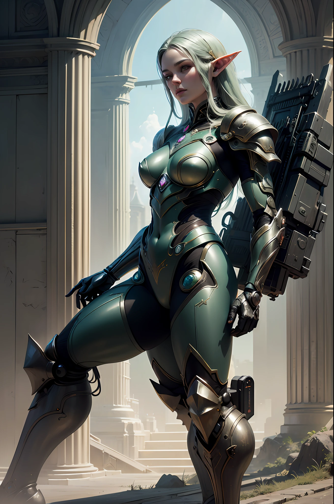 high details, best quality, 16k, [ultra detailed], masterpiece, best quality, (extremely detailed), full body, ultra wide shot, photorealistic, fantasy art, rpg art, sci fi art, realistic art, a wide angle, (((anatomically correct))), fantasy art, sci fi art, a green skined alien fighting an elf fantasy warrior, science fiction against fantasy, a battle between alien and an elf, alien fighting a fantasy elf (((1)) medium sized alien, a creature from outer space, alien (intense details, Masterpiece, best quality) with green skin, wearing mech armor reelmech, armed with laser gun, fighting (((1))) female fantasy elf knight (intense details, Masterpiece, best quality), wearing elven armor LnF elven armor, armed with a sword, fantasy agains sci fi, fantasy forest background, dynamic light, High Detail, Ultra High Quality, High Resolution, 16K Resolution, Ultra HD Pictures, Ultra Realistic, Clear Details, Realistic Detail, Ultra High Definition