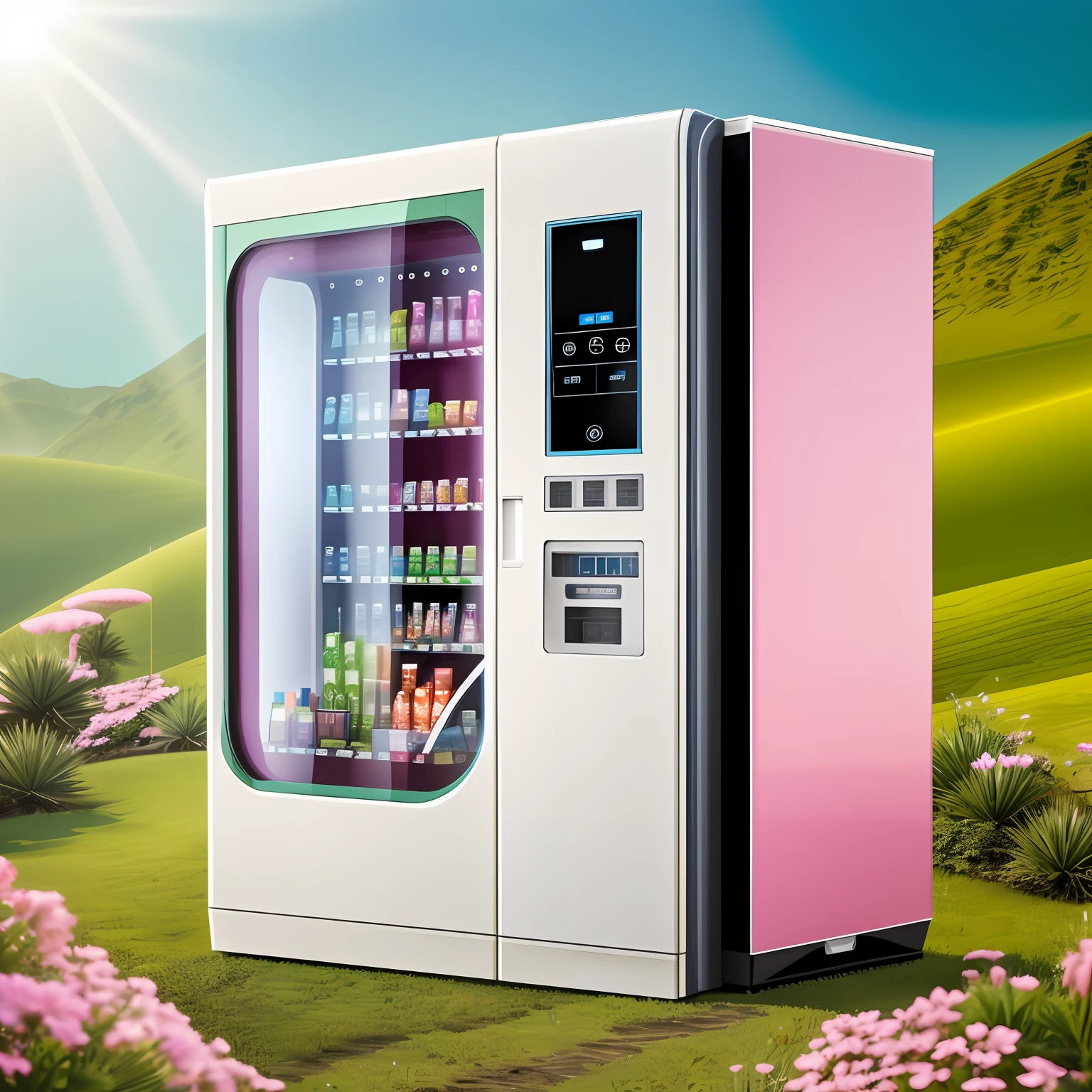 Close-up of cosmetics with display,vending machines,sci-fi vending machine,3D product render,Some are more specific, Descriptive scenarios may appear on the computer,por exemplo, Someone went to the vending machine to buy a sample of Gu Yu's photosensitive water,Or describe the purchase of beauty samples,Some combinations of foil scene elements, Product rendering,Stylistic references attract attention,Bright,A representative element of sunshine fashion,There are reasonable ones on the fuselage, For example, Someone goes,Buy beauty samples, etc,The overall color is mainly white and pink,Color distribution is 50 each%,Go buy cosmetics,Skincare,People who shop and so on,Wish there were more elements,A little diversified,Fewer colors,Don't be characterized