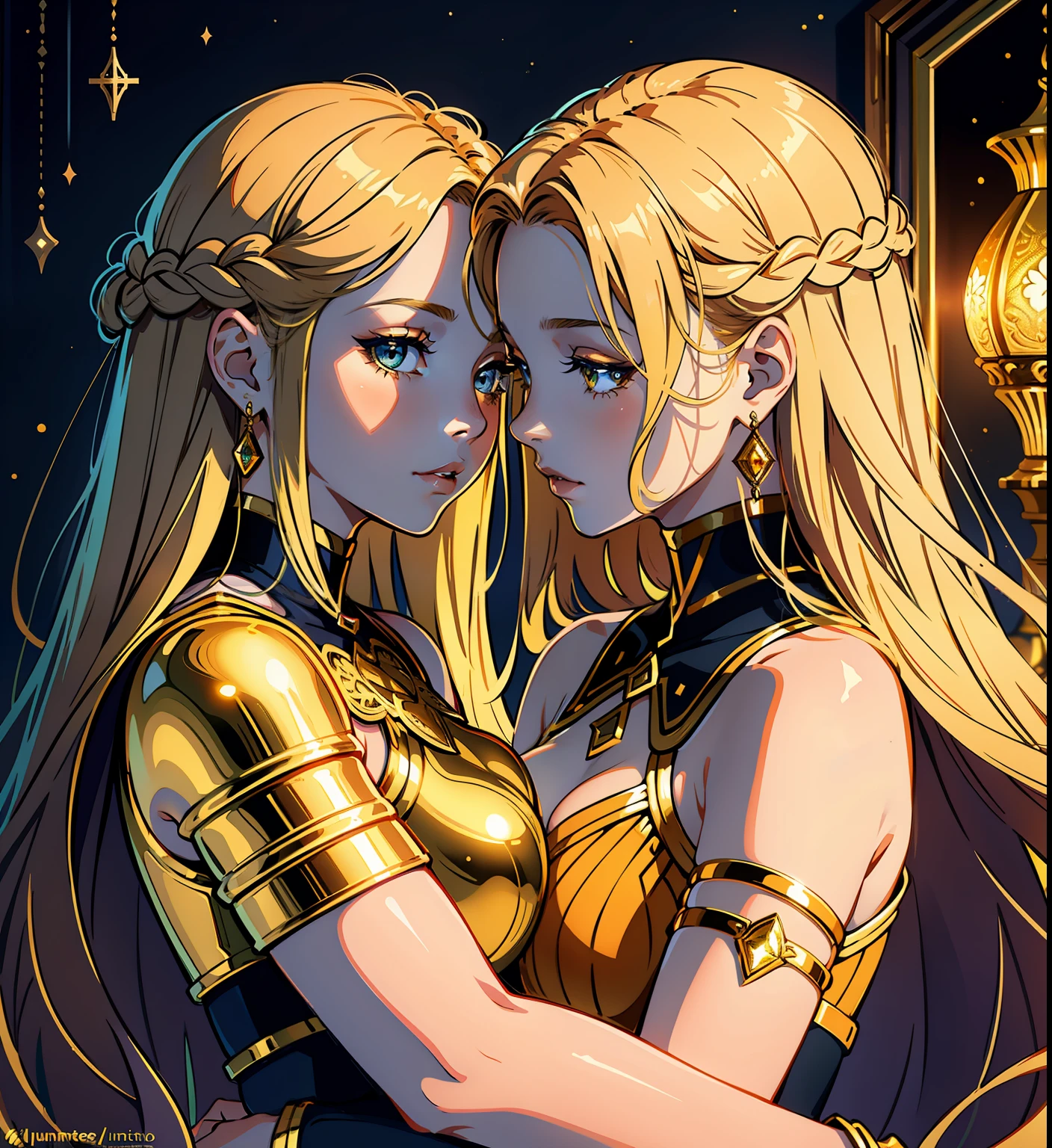 adesivo, fundo simples, portrait, 2 girls, couple, kissing, girl with long hair, beautiful leo girl, leo aesthetic, beautiful girl, very beautiful fantasy art, beautiful and elegant female leo, beautiful detailed fantasy, gold and m orange color palate, gold color-theme