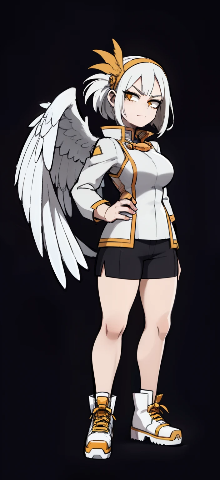 My Hero Academia Style, Anime Girl, Female, Trending on ArtStation Pixiv, (Full Body Shot: 0.5), Wide Hips, Wide Thighs, Large Breast, Pterodactyl Face, Short Hair, Ash White Hair, Yellow Eyes, Pterodactyl Snoot, pterodactyl crest, feathered wings on back, feathered wings, wings on back, white feathers, ash white plumage, Long-sleeved gray tunic with dark gray piping, long-sleeved gray tunic, gray tunic with piping, dark gray piping tunic, gray tunic, piping tunic, red boots, orange headband, orange headband, ribbon, gaze perky, smug, looking at viewer, super detailed, perfect anatomy,