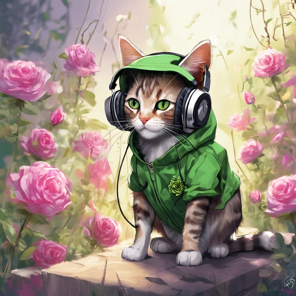 Perfect centering, Cute cat, Wearing a jacket,American short cat,green-eyed,Rose flower, Wearing headphones, cheerfulness, Standing position, Abstract beauty, Centered, Looking at the camera, Facing the camera, nearing perfection, Dynamic, Highly detailed, smooth, Sharp focus, 8K, high definition resolution, illustration, Art by Carne Griffiths and Wadim Kashin, White background