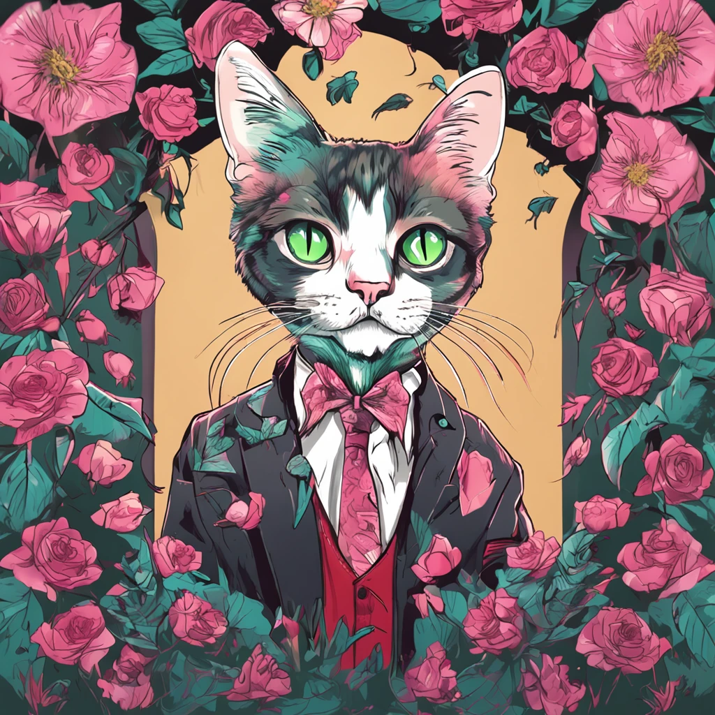 Perfect centering, Cute cat, Wearing a jacket,American short cat,green-eyed,Rose flower, Wearing headphones, cheerfulness, Standing position, Abstract beauty, Centered, Looking at the camera, Facing the camera, nearing perfection, Dynamic, Highly detailed, smooth, Sharp focus, 8K, high definition resolution, illustration, Art by Carne Griffiths and Wadim Kashin, White background