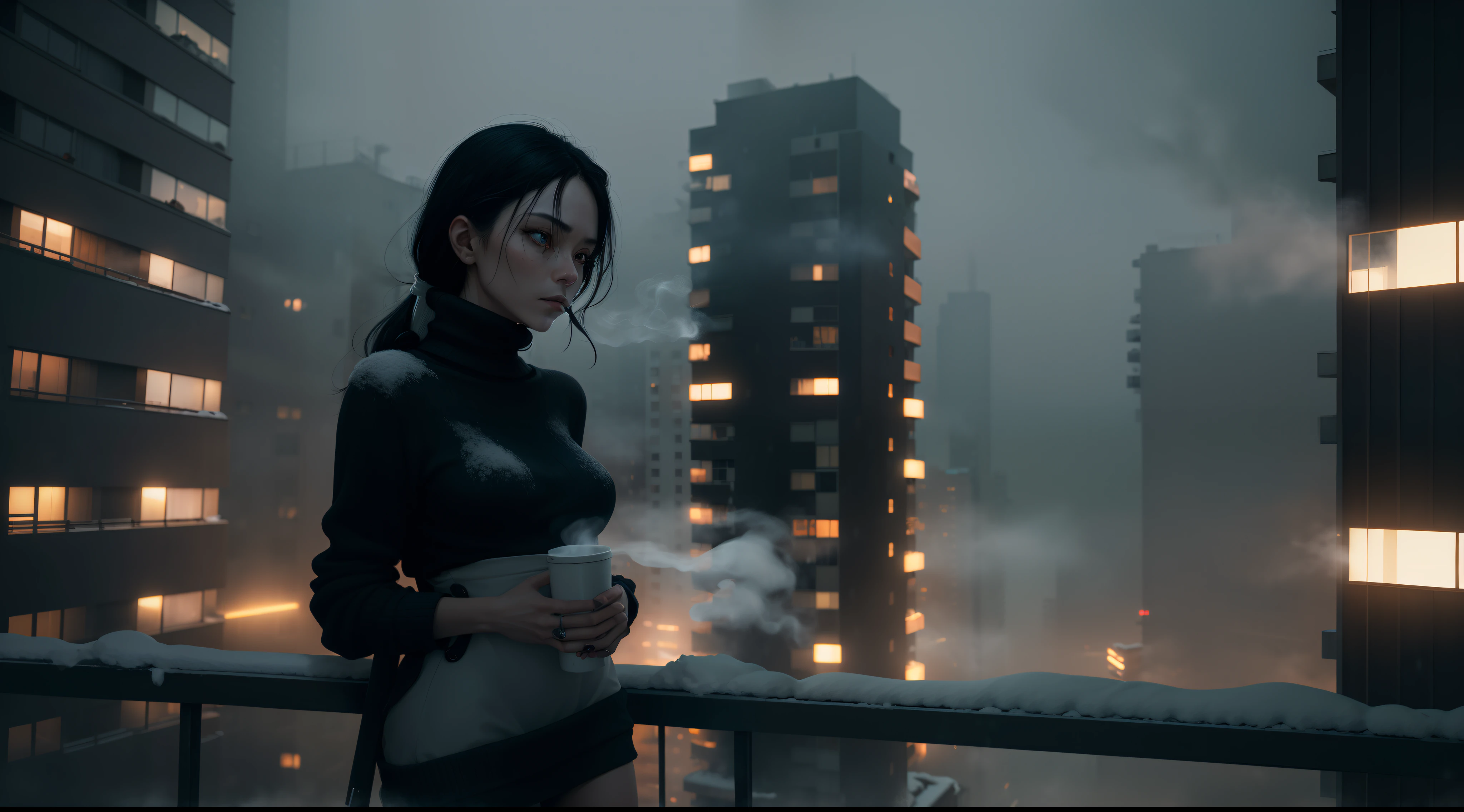 one woman, leaning on the railing of the balcony of high rise building, black hair, black eyes, wearing white sweater, alone, midnight, sad mood, ultra detail, snow, dark, smoking, bleak, sad, alone, cyberpunk, winter, snowing, foggy, far shot, cigarette, visually busy, visual clutter, cinematic, anatomically correct