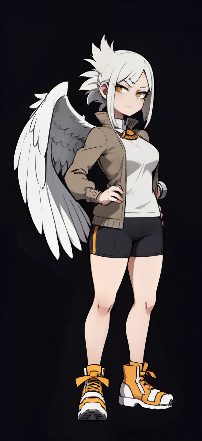 My Hero Academia Style, Anime Girl, Female, Trending on ArtStation Pixiv, (Full Body Shot: 0.5), Wide Hips, Wide Thighs, Large Breast, Pterodactyl Face, Short Hair, Ash White Hair, Yellow Eyes, Pterodactyl Snoot, pterodactyl crest, feathered wings on back, feathered wings, wings on back, white feathers, ash white plumage, Long-sleeved gray tunic with dark gray piping, long-sleeved gray tunic, gray tunic with piping, dark gray piping tunic, gray tunic, piping tunic, red boots, orange headband, orange headband, ribbon, gaze perky, smug, looking at viewer, super detailed, perfect anatomy,