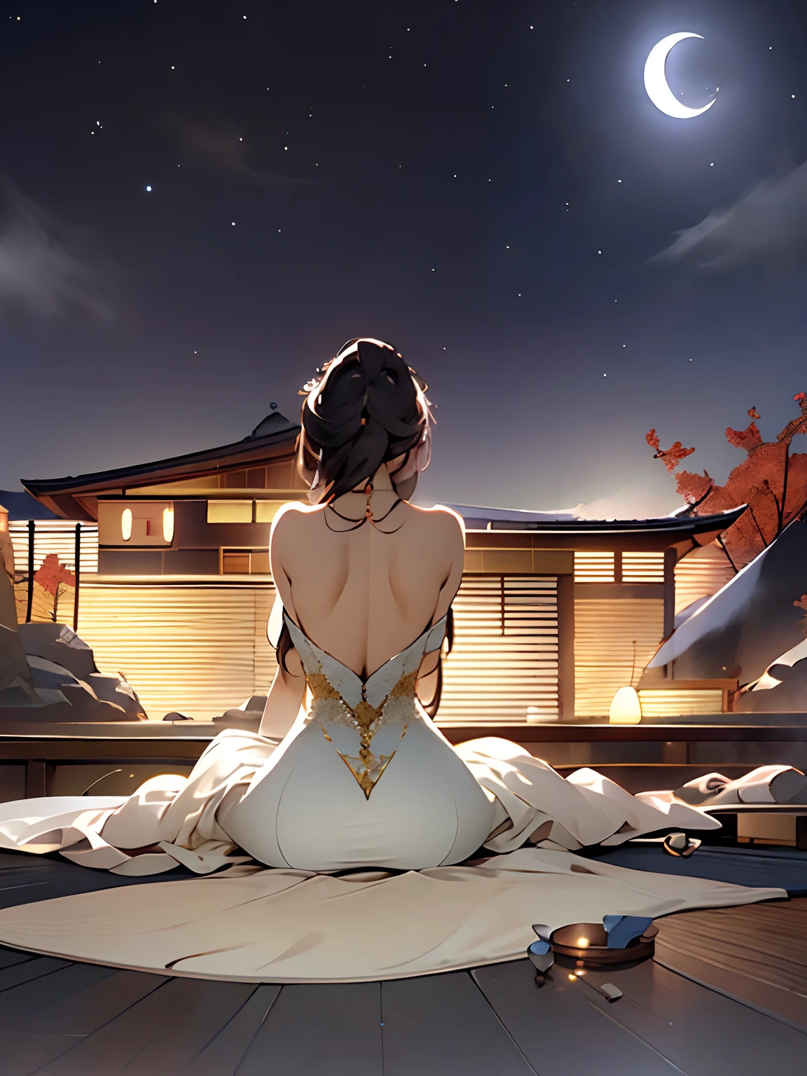 Masterpiece, Best quality, A high resolution, absurderes, ultradetailed, astounding, Wonderful, Awesome, Peaceful, relaxing, Beautiful feet, Highly detailed , 1girll, Looking at the sky, (Back shot:1.1), (low  angle shot:1.1), Onsen, steams, Night sky, Bright moon, Transparent white long dress