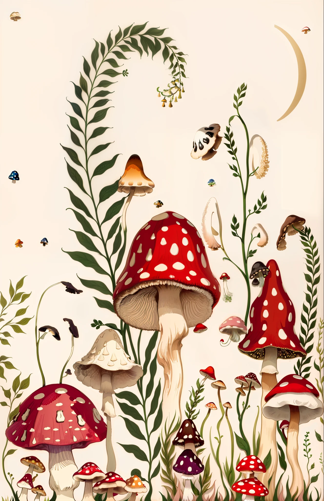 There are many mushrooms and plants in the grass with the moon, whimsical forest, mushrooms and plants, illustrated in whimsical style, toadstools, Mushroom forest, fungus and plants, Cogumelos, fairy tale forest, Mushrooms are everywhere, Mushrooms, magic mushrooms, enchanted magical fantasy forest, made of mushrooms, mycologist, magic mushrooms, mushrooms grow from the body, amanita