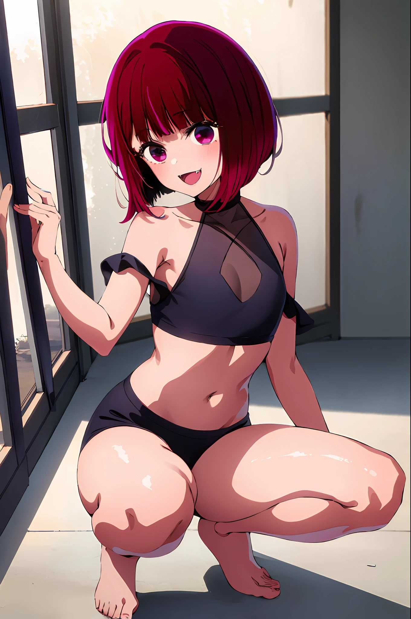 kanaarima, masterpiece, best quality, highres, 1girl, solo, fang, skin fang, short hair, (mole on thigh:0.8), bangs, hair behind ear, purple eyes, hair ornament, open mouth, beach, smile, squatting, small chest, short height, little girl, flat chest, small, cleavage, ((bare shoulder)), exposed, loose shirt, navel, presenting armpit