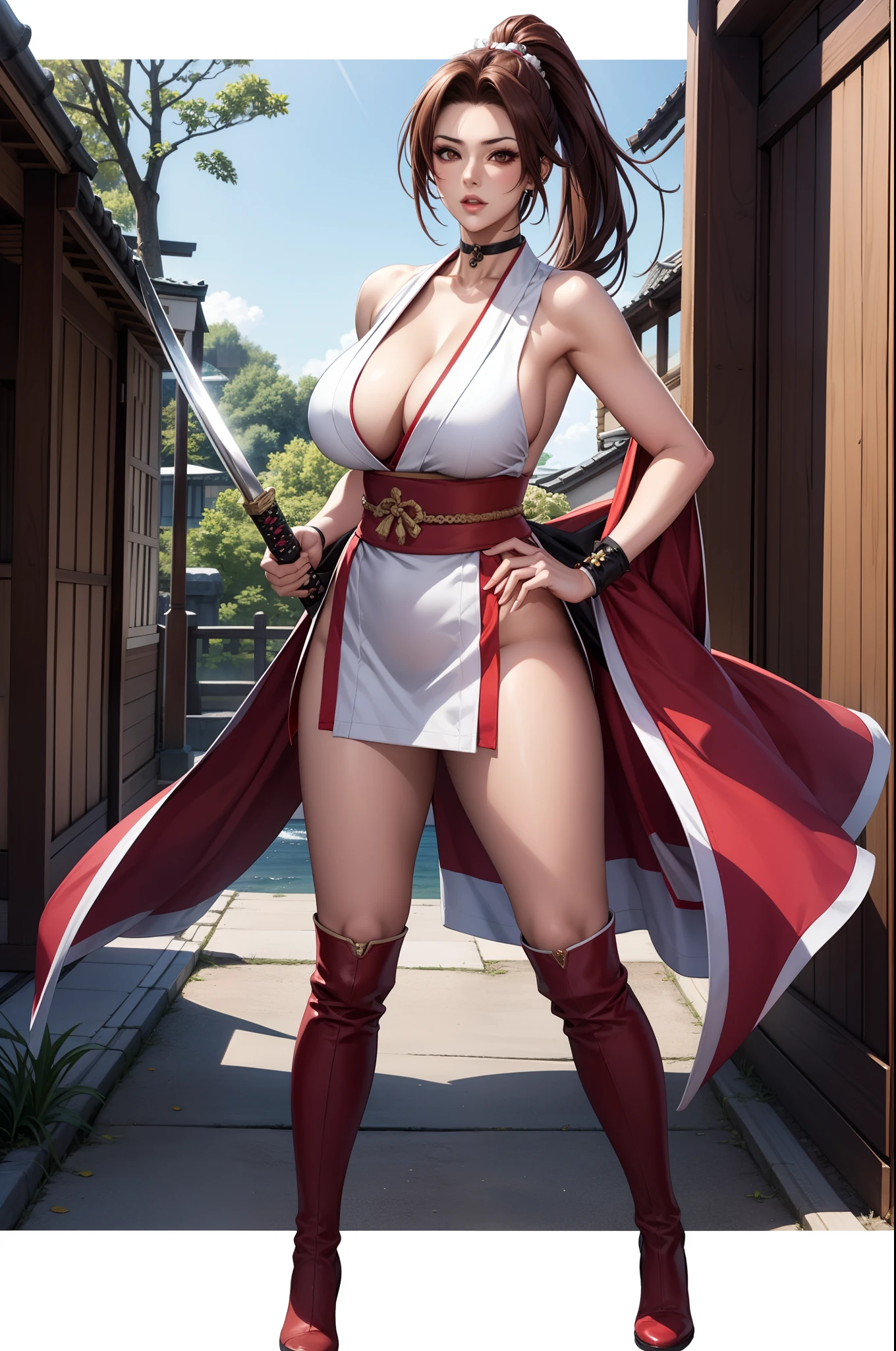 Red dress, Sleeveless, ((mai shiranui:1.2)), Bare shoulders, Brown hair, Brown eyes, Long high ponytail, hair tie, makeup, 1 persons、25-years old, Japan mature woman, Beautiful Finger, Beautiful long legs, Beautiful body, Beautiful nose, Beautiful character design, Perfect eyes, Perfect face, Jewelry, See-through, Looking at Viewer, Hair Ornament, Choker, glareing, The King of Fighters,
(masutepiece, of the highest quality, Best Quality, Official art, Beautiful and aesthetic: 1.2), Extremely detailed, more detailed,
(moderately sized breasts:1.2,) , Floating skirt,
In front of the Japan castle, full body photographed:1.2、Knee high long boots with pin heel,Standing Pose、(having katana、dual-wielding):1.2