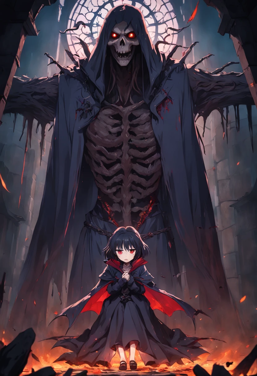 A rotten and terrifying vampire hanged by the walls of an ancient castle