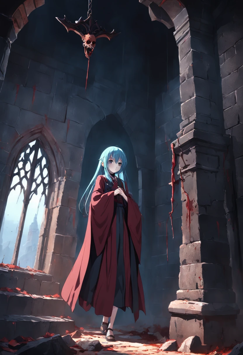 A rotten and terrifying vampire hanged by the walls of an ancient castle