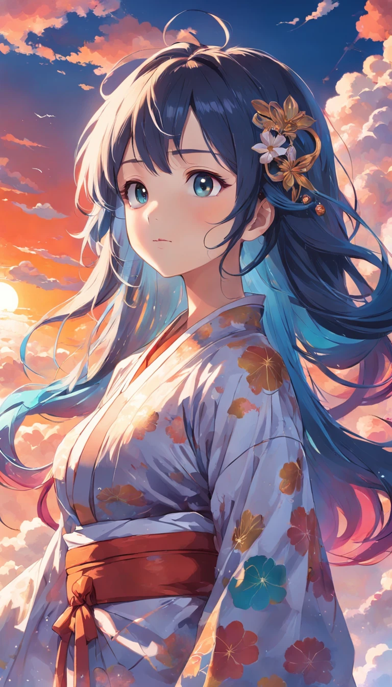 Colorful auspicious clouds,Kizi,Floating in the sky,closeup cleavage,brightly,cheerfulness,Warm and soft lighting,the sunset,Kimono girl