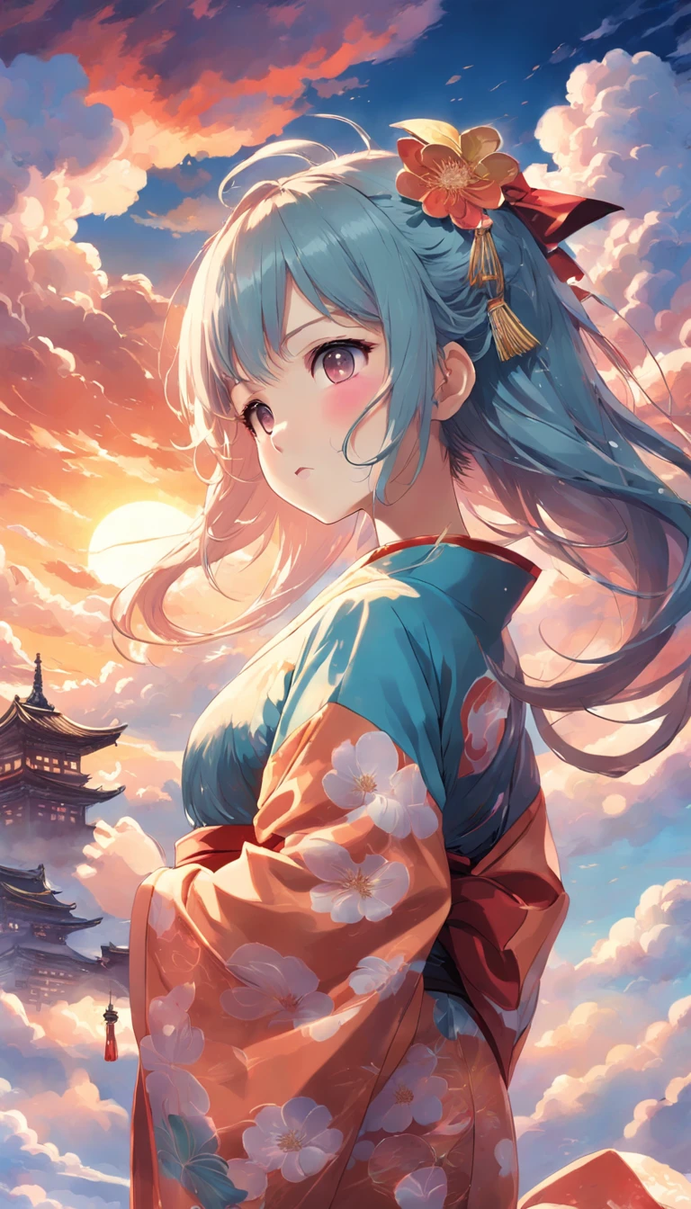 Colorful auspicious clouds,Kizi,Floating in the sky,closeup cleavage,brightly,cheerfulness,Warm and soft lighting,the sunset,Kimono girl