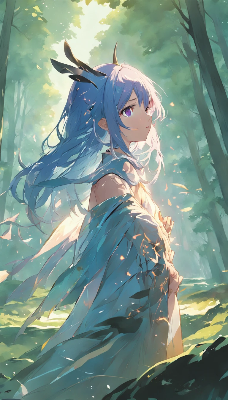 ((1girl, solo)), masterpiece, superlative, portrait, hyperdetail, illustration, close-up, gorgeous background, straight shot, blue hair, purple eyes, (focus on face), looking into the distance, forest, sun, wind, butterfly, studio lighting, horizontal axis, tree, lake, standing, ganyu \(genshin impact), double horn, bare shoulders, tights