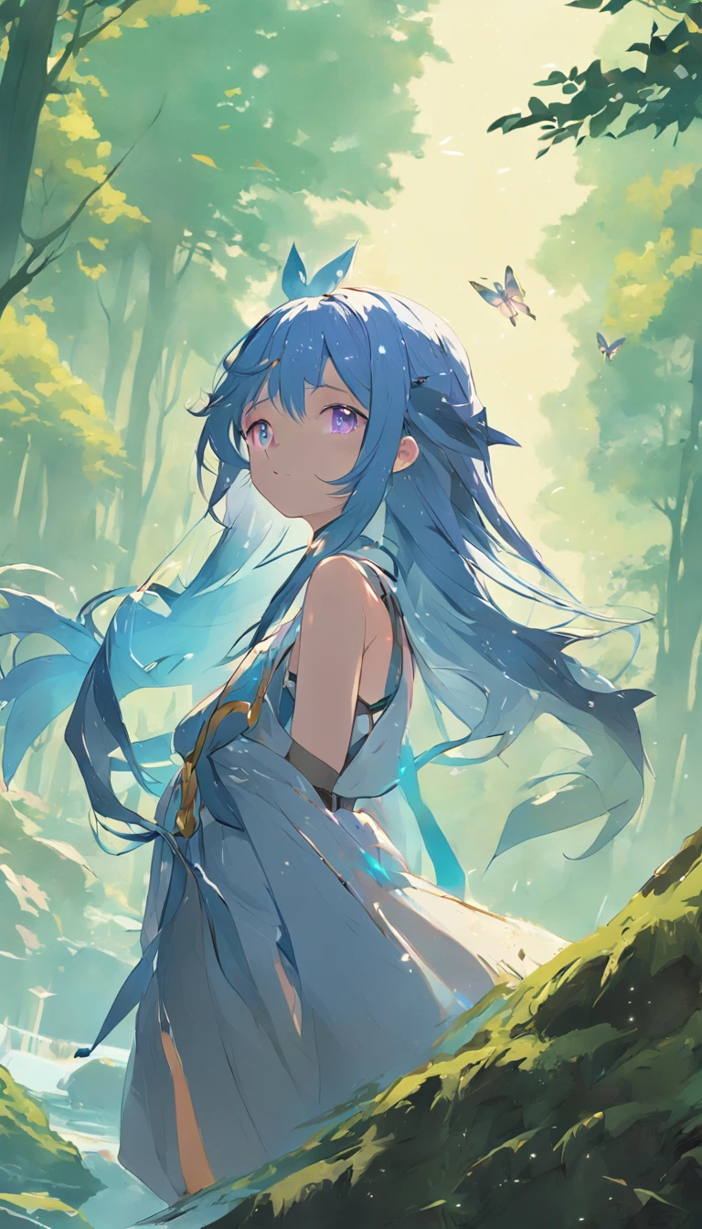 ((1girl, solo)), masterpiece, superlative, portrait, hyperdetail, illustration, close-up, gorgeous background, straight shot, blue hair, purple eyes, (focus on face), looking into the distance, forest, sun, wind, butterfly, studio lighting, horizontal axis, tree, lake, standing, ganyu \(genshin impact), double horn, bare shoulders, tights